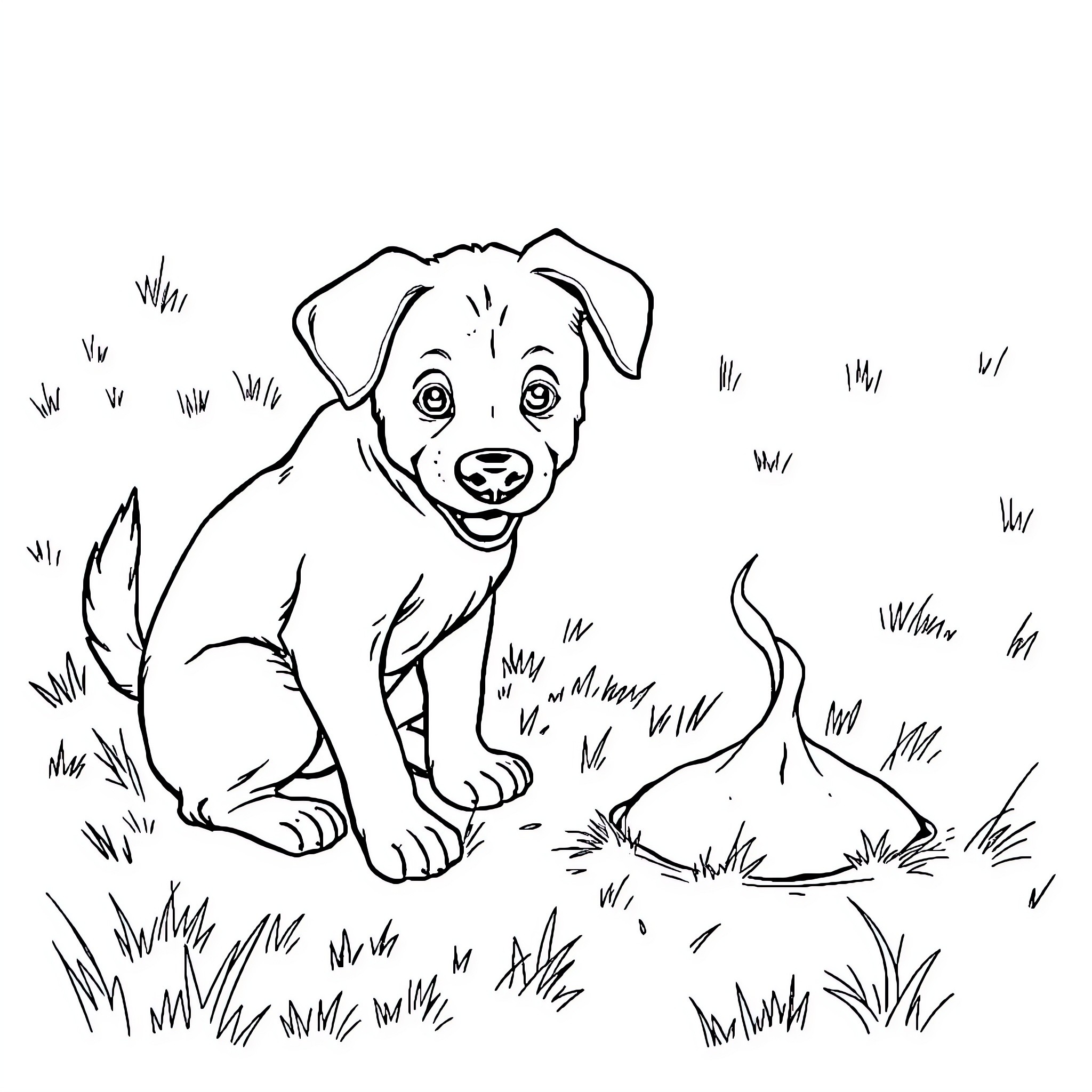 Dog exploring the grassy outdoors Coloring Page (free black-and-white line drawing printable PDF for all, from beginners to advanced learners, including children, teens, adults, and seniors)
