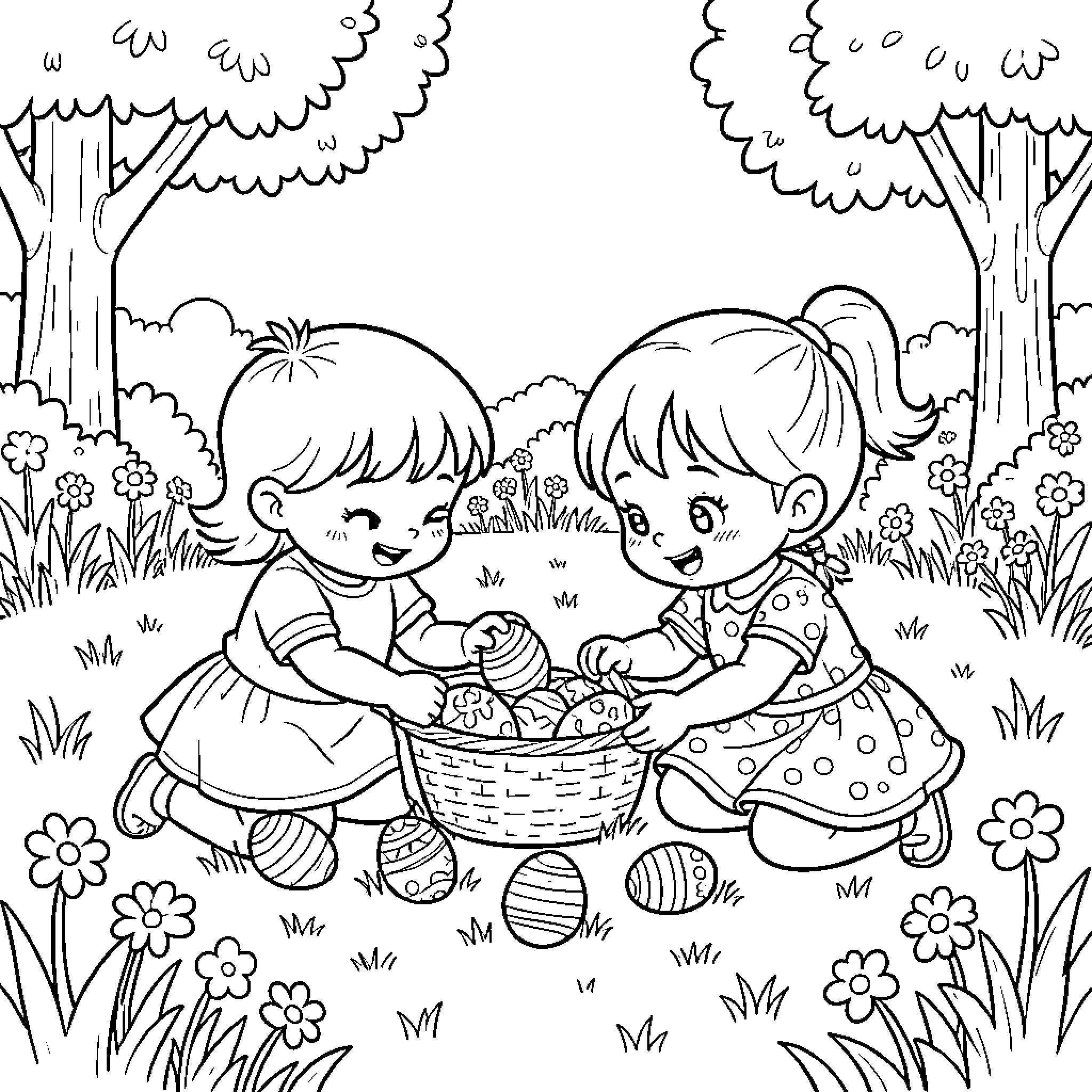 Rabbit children picking flowers in the meadow Coloring Page (free black-and-white line drawing printable PDF for all, from beginners to advanced learners, including children, teens, adults, and seniors)