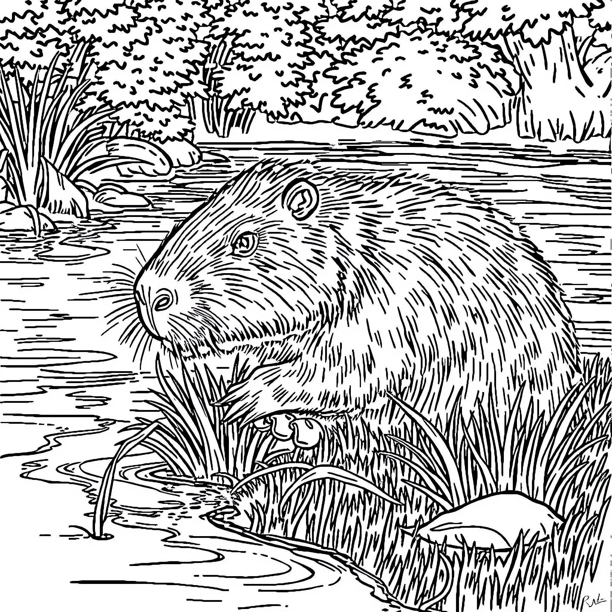 Capybara relaxing in a tranquil wetland scene Coloring Page (free black-and-white line drawing printable PDF for all, from beginners to advanced learners, including children, teens, adults, and seniors)