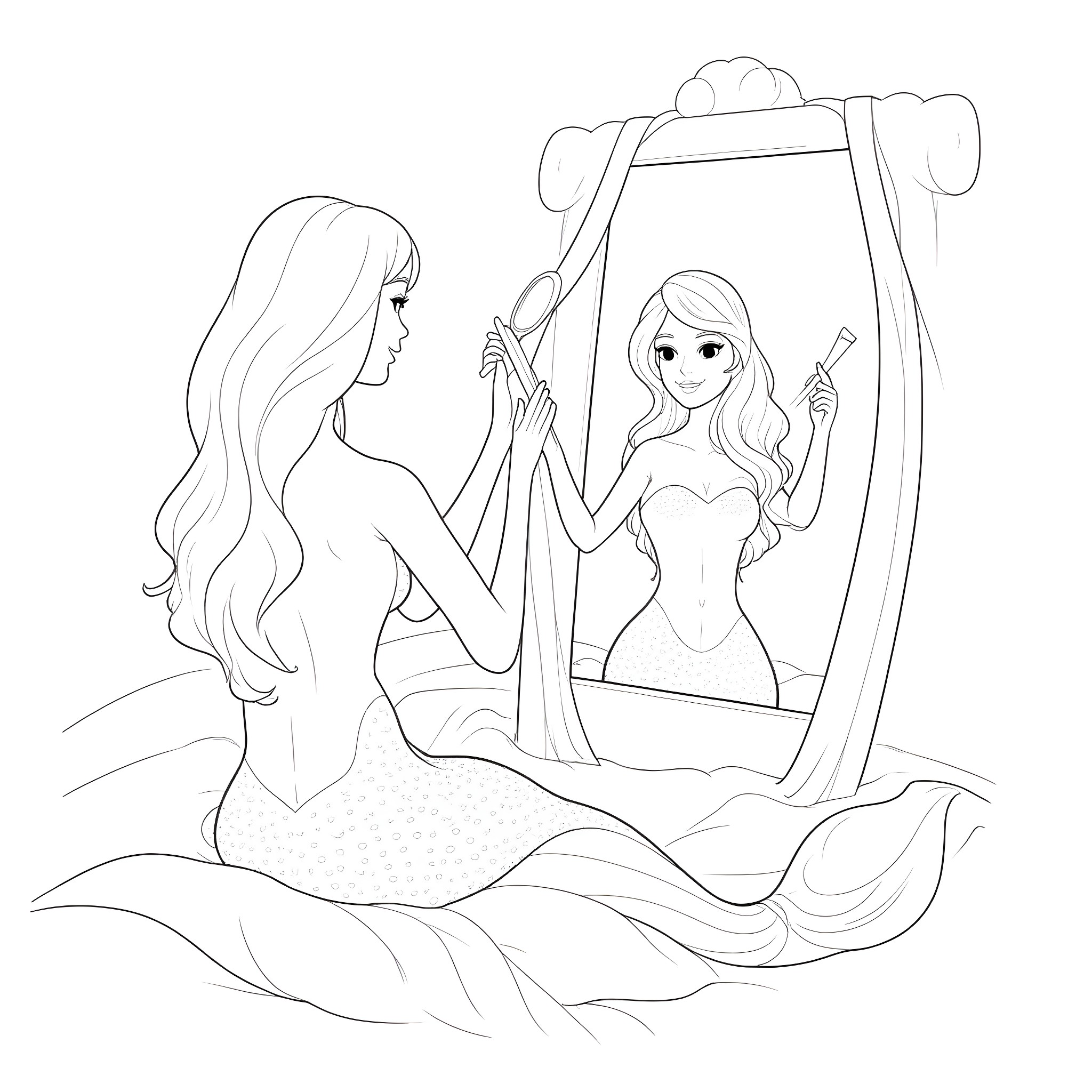 Mermaid Admiring Herself in the Mirror Coloring Page (free black-and-white line drawing printable PDF for all, from beginners to advanced learners, including children, teens, adults, and seniors)