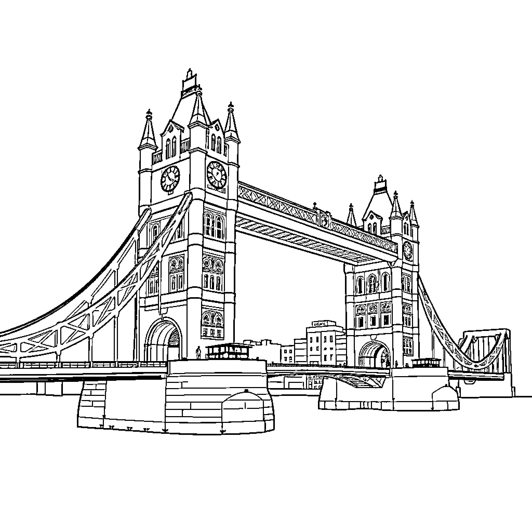 London Bridge with architectural details and structures Coloring Page (free black-and-white line drawing printable PDF for all, from beginners to advanced learners, including children, teens, adults, and seniors)