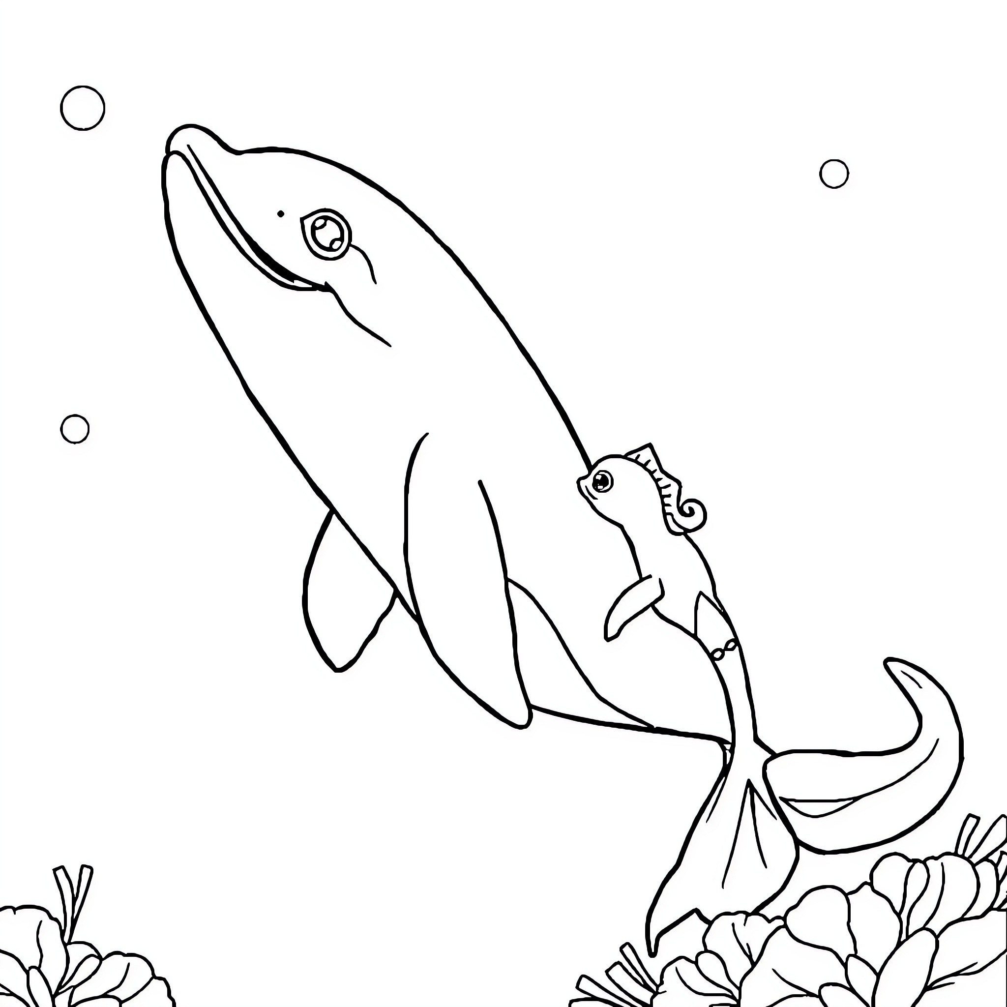 Mermaid playing among underwater flowers Coloring Page (free black-and-white line drawing printable PDF for all, from beginners to advanced learners, including children, teens, adults, and seniors)