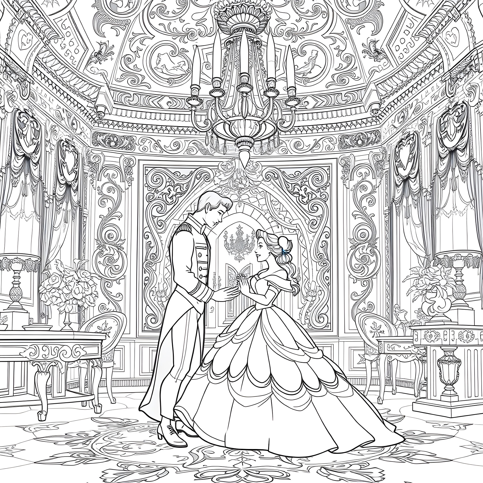 Belle's Enchanting Dance in the Ornate Ballroom Coloring Page (free black-and-white line drawing printable PDF for all, from beginners to advanced learners, including children, teens, adults, and seniors)