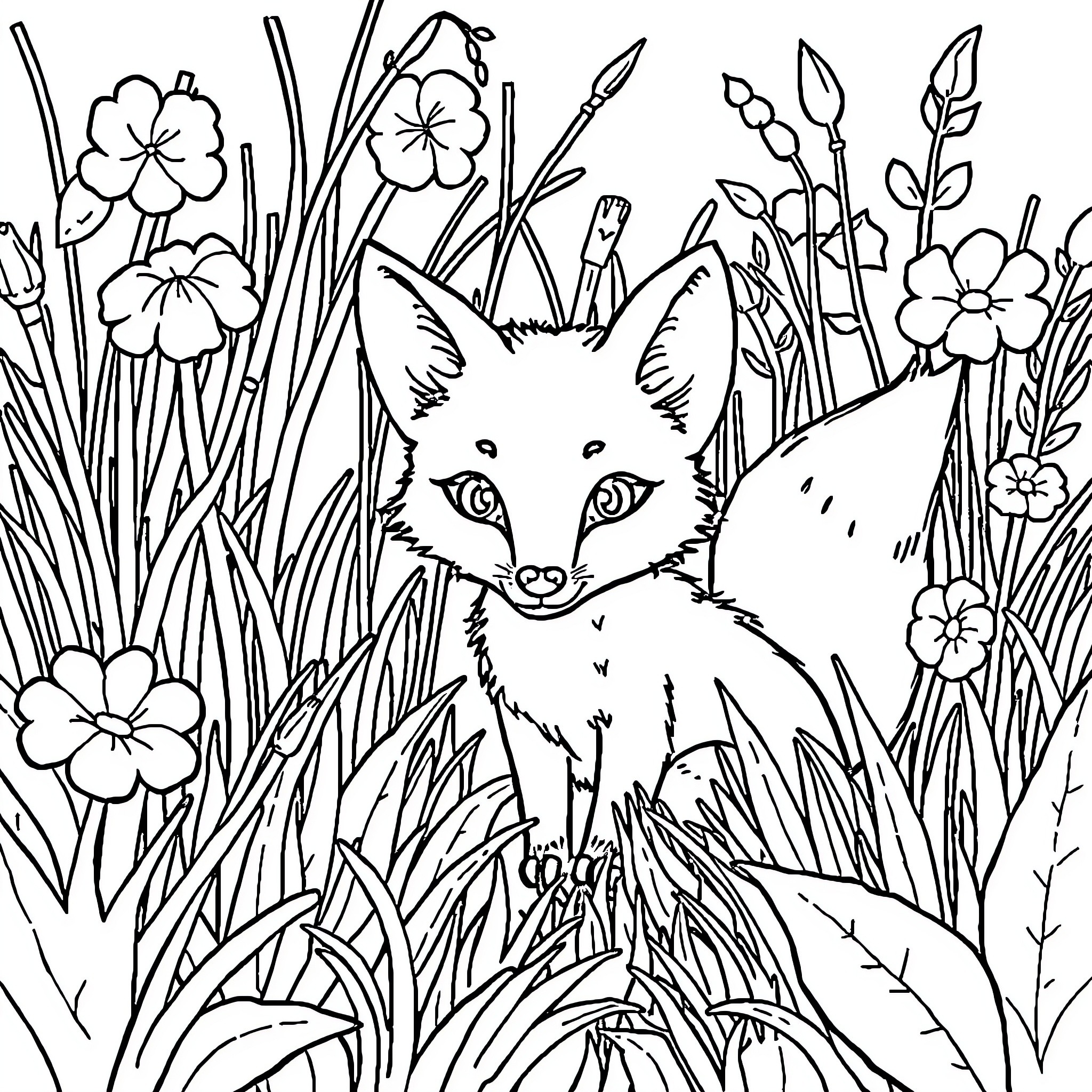 Fox Hiding in Lush Floral Meadow Coloring Page (free black-and-white line drawing printable PDF for all, from beginners to advanced learners, including children, teens, adults, and seniors)