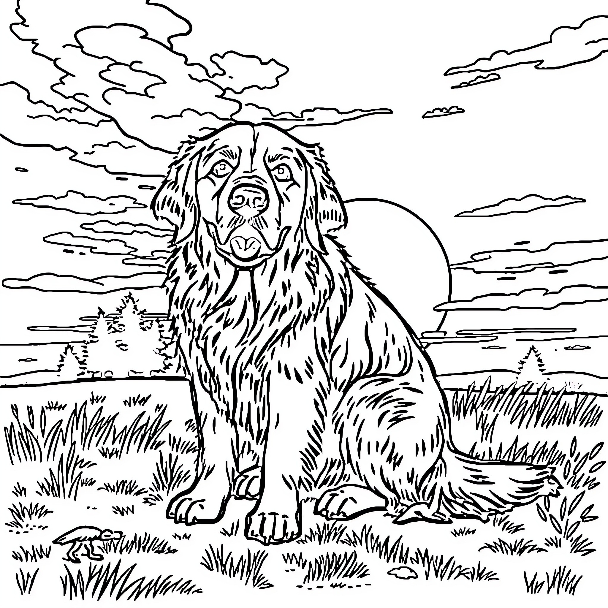 Retriever Sitting Peacefully in Scenic Landscape Coloring Page (free black-and-white line drawing printable PDF for all, from beginners to advanced learners, including children, teens, adults, and seniors)