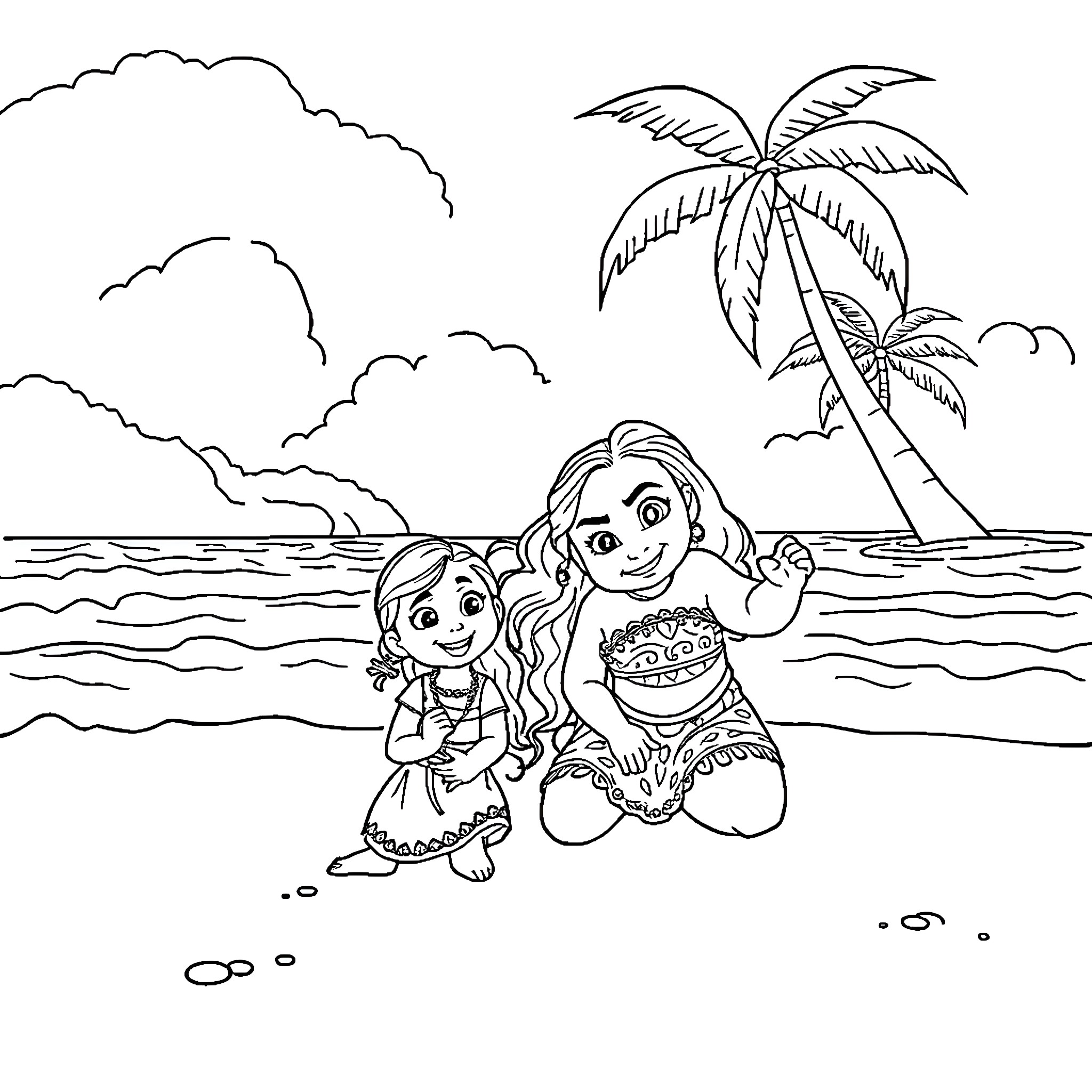 Moana and Maui enjoying a day at the beach Coloring Page (free black-and-white line drawing printable PDF for all, from beginners to advanced learners, including children, teens, adults, and seniors)