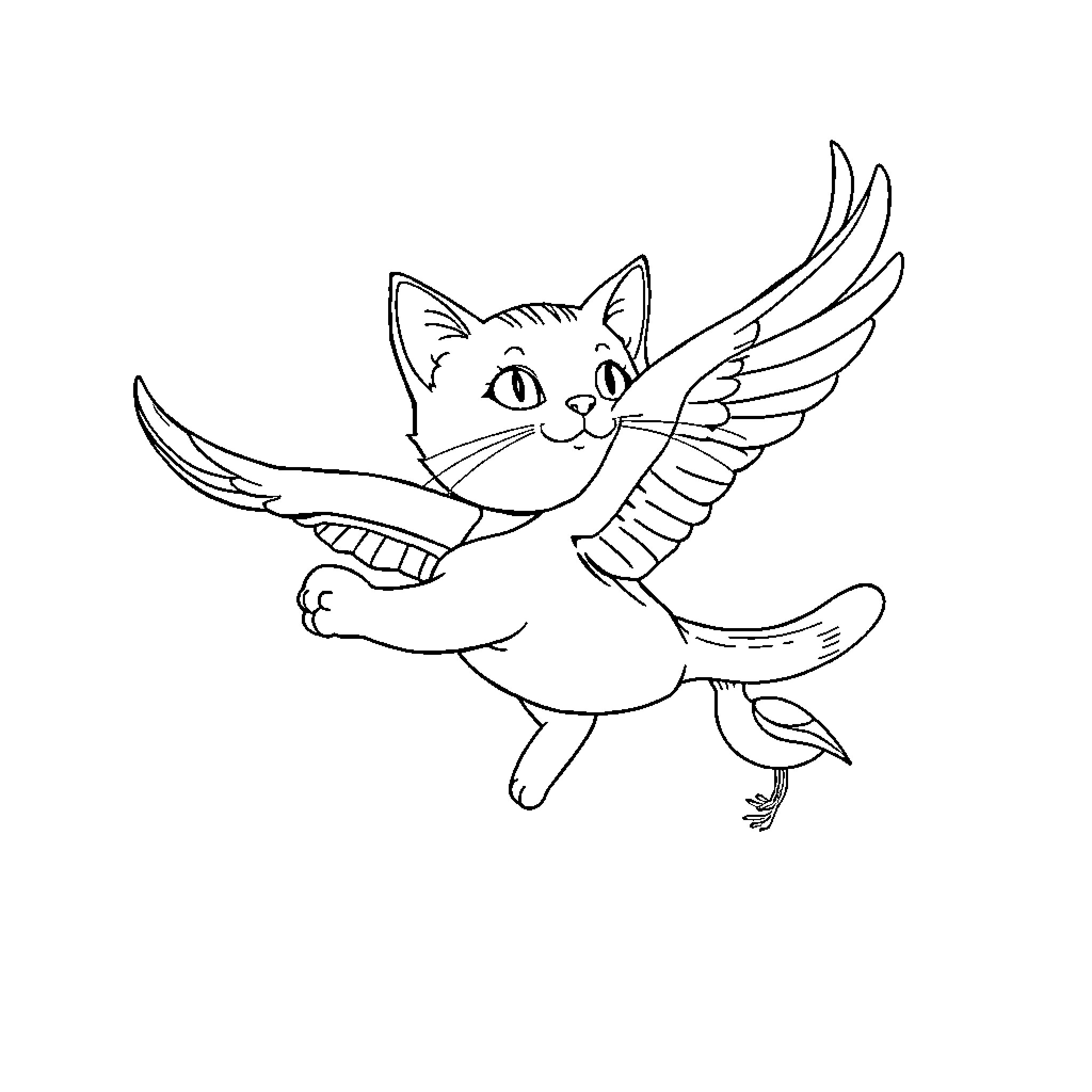 Cat with wings flying joyfully Coloring Page (free black-and-white line drawing printable PDF for all, from beginners to advanced learners, including children, teens, adults, and seniors)