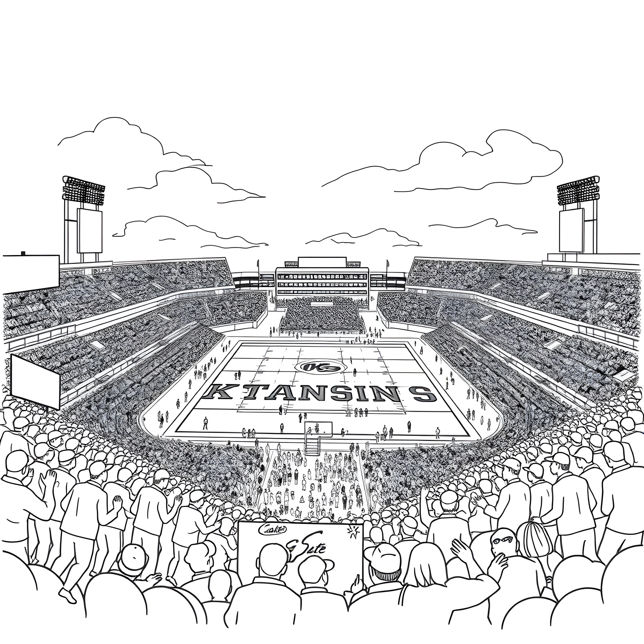 Stadium filled with energetic fans cheering Coloring Page (free black-and-white line drawing printable PDF for all, from beginners to advanced learners, including children, teens, adults, and seniors)