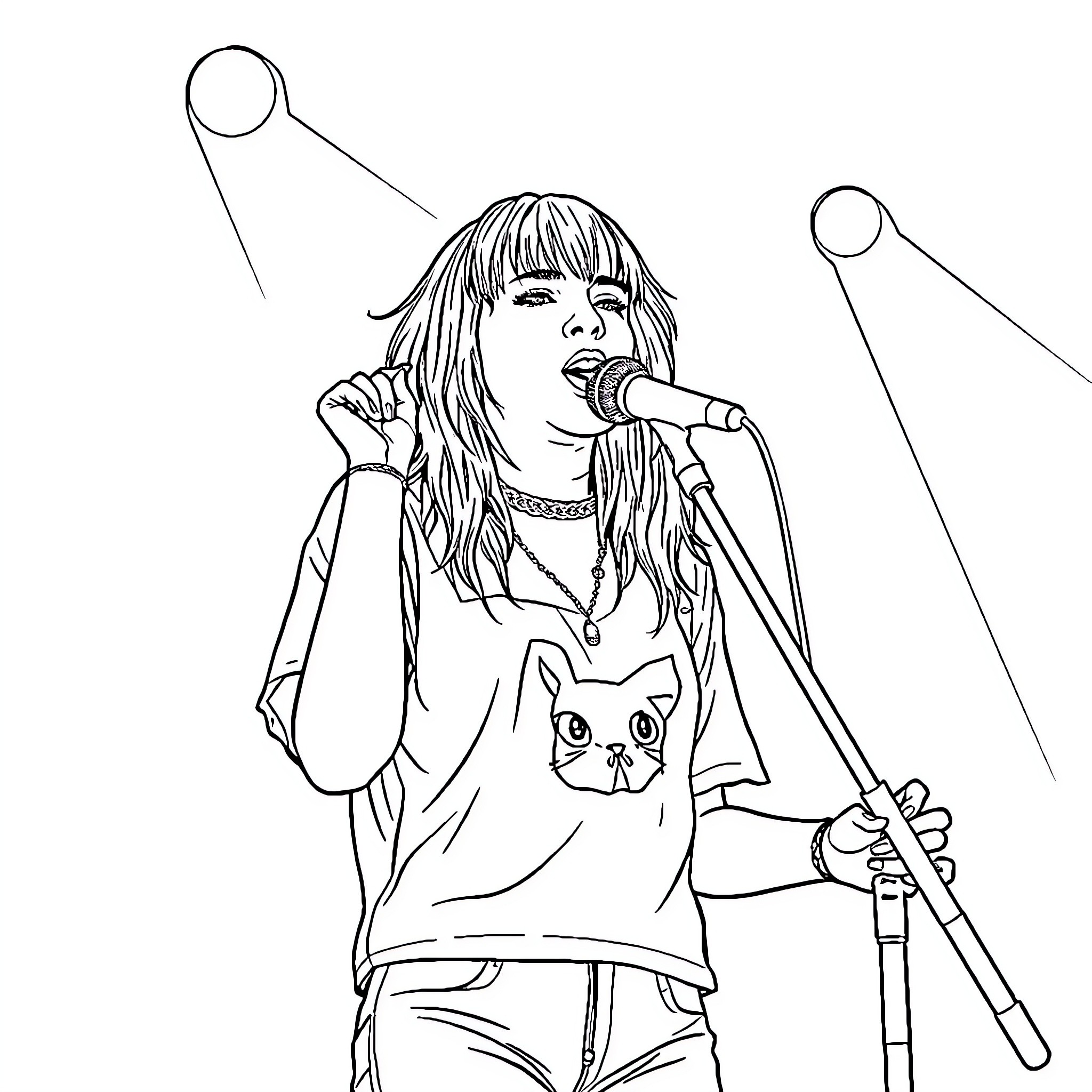 Billie Eilish singing passionately on stage Coloring Page (free black-and-white line drawing printable PDF for all, from beginners to advanced learners, including children, teens, adults, and seniors)