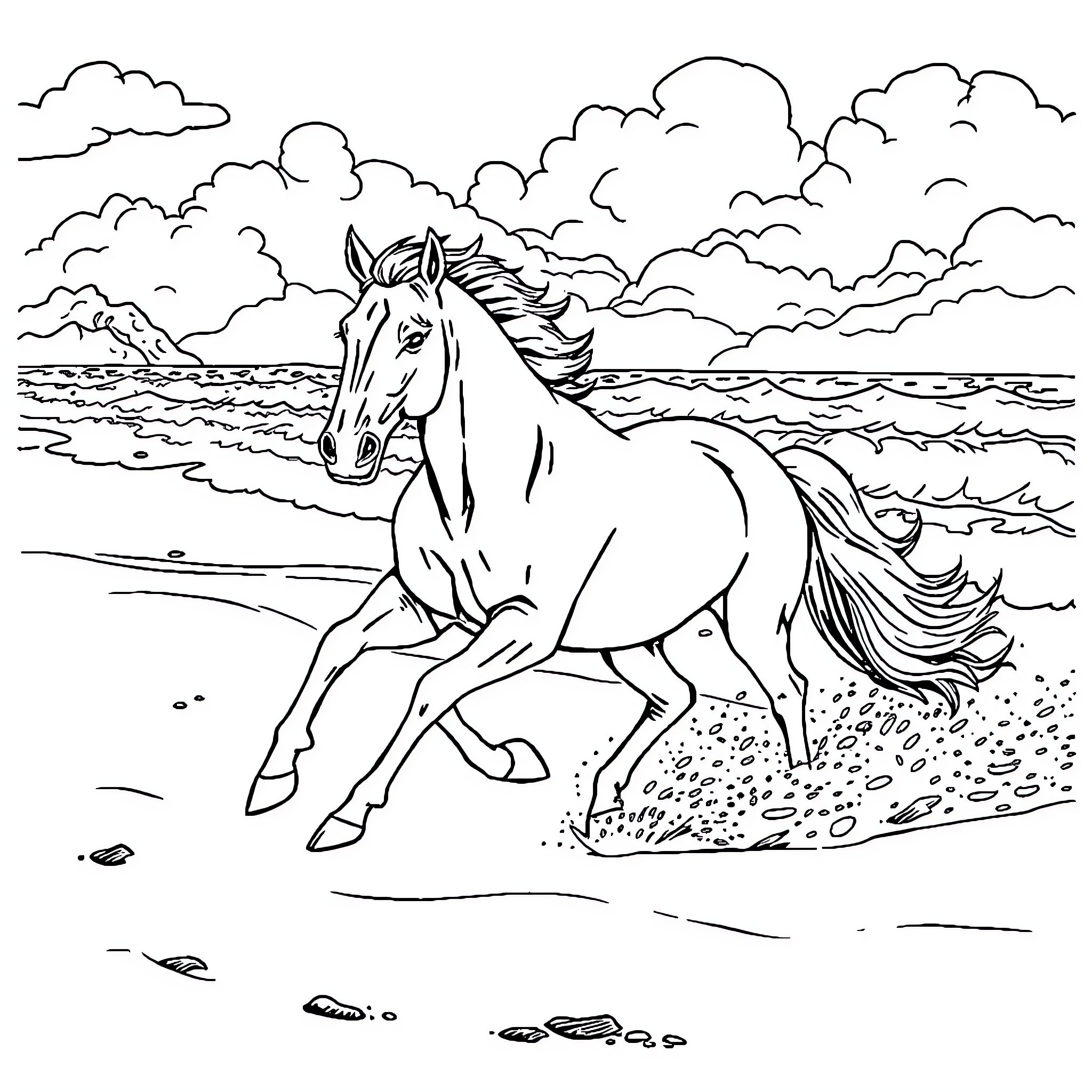 Horse running freely on the beach Coloring Page (free black-and-white line drawing printable PDF for all, from beginners to advanced learners, including children, teens, adults, and seniors)
