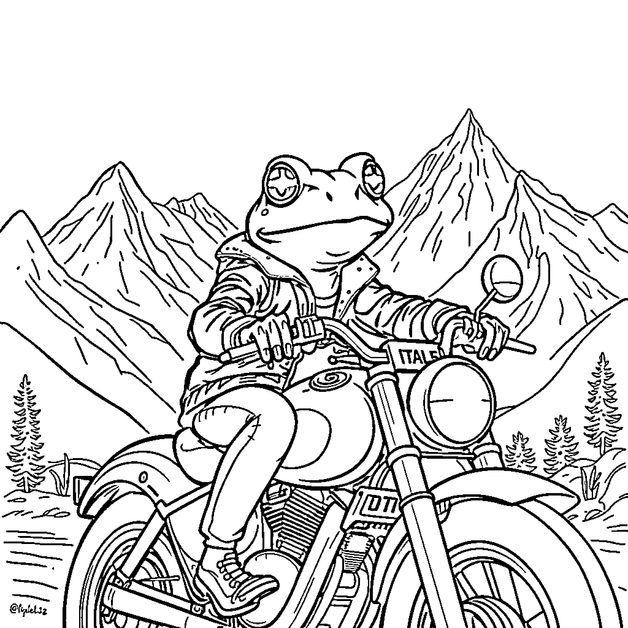 Frog riding motorcycle through mountain landscape Coloring Page (free black-and-white line drawing printable PDF for all, from beginners to advanced learners, including children, teens, adults, and seniors)