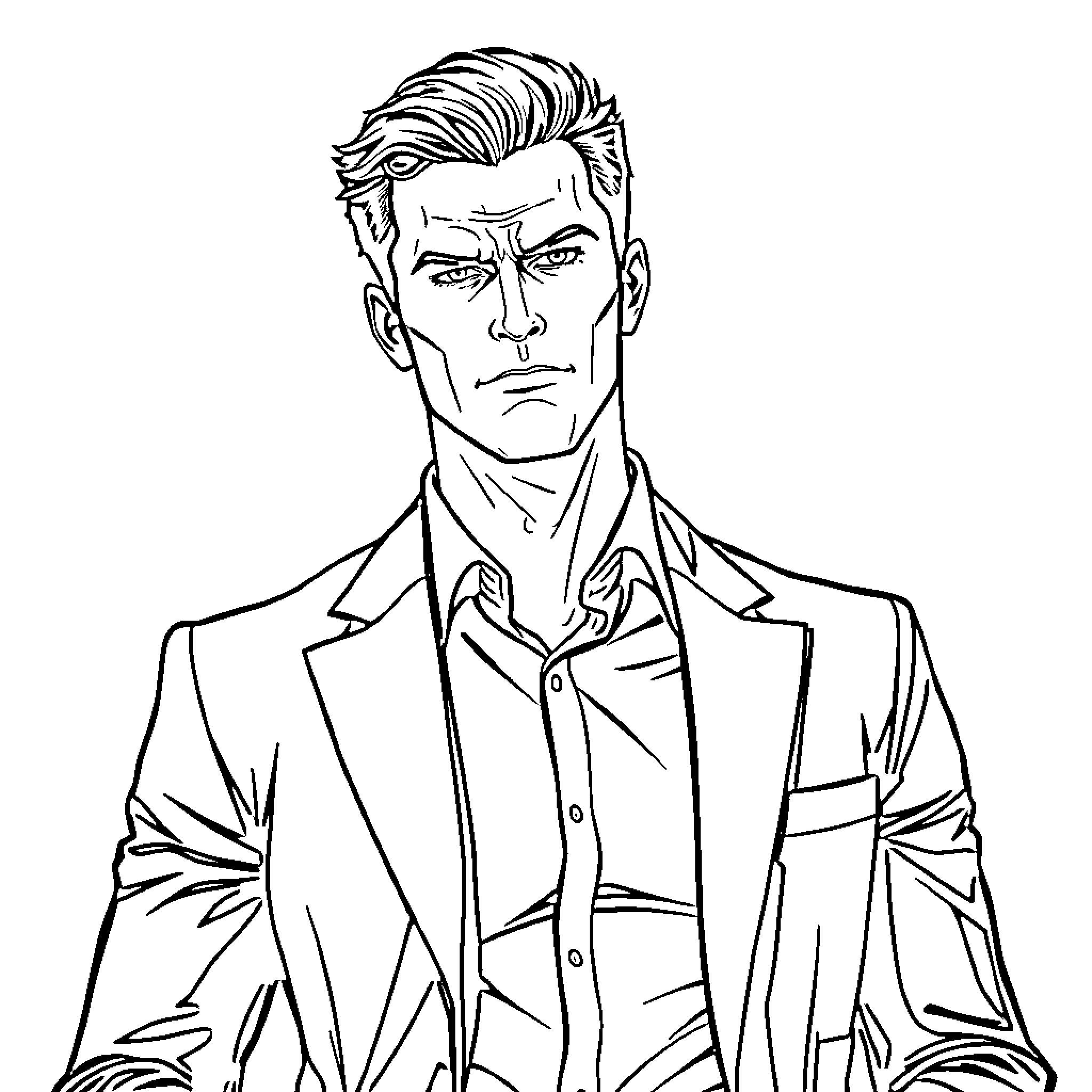 Bateman's Stern Expression in Formal Attire Coloring Page (free black-and-white line drawing printable PDF for all, from beginners to advanced learners, including children, teens, adults, and seniors)