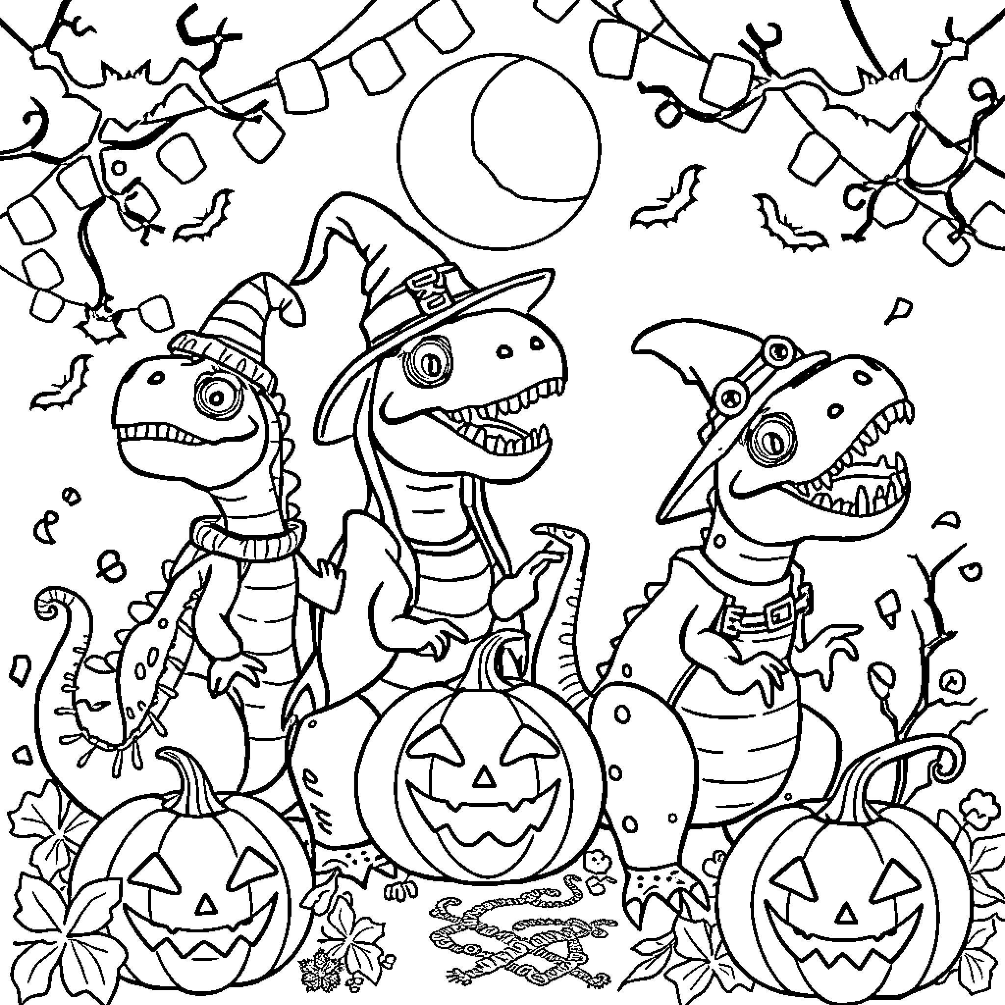 Dinosaur Trick-or-Treating on Halloween Night Coloring Page (free black-and-white line drawing printable PDF for all, from beginners to advanced learners, including children, teens, adults, and seniors)