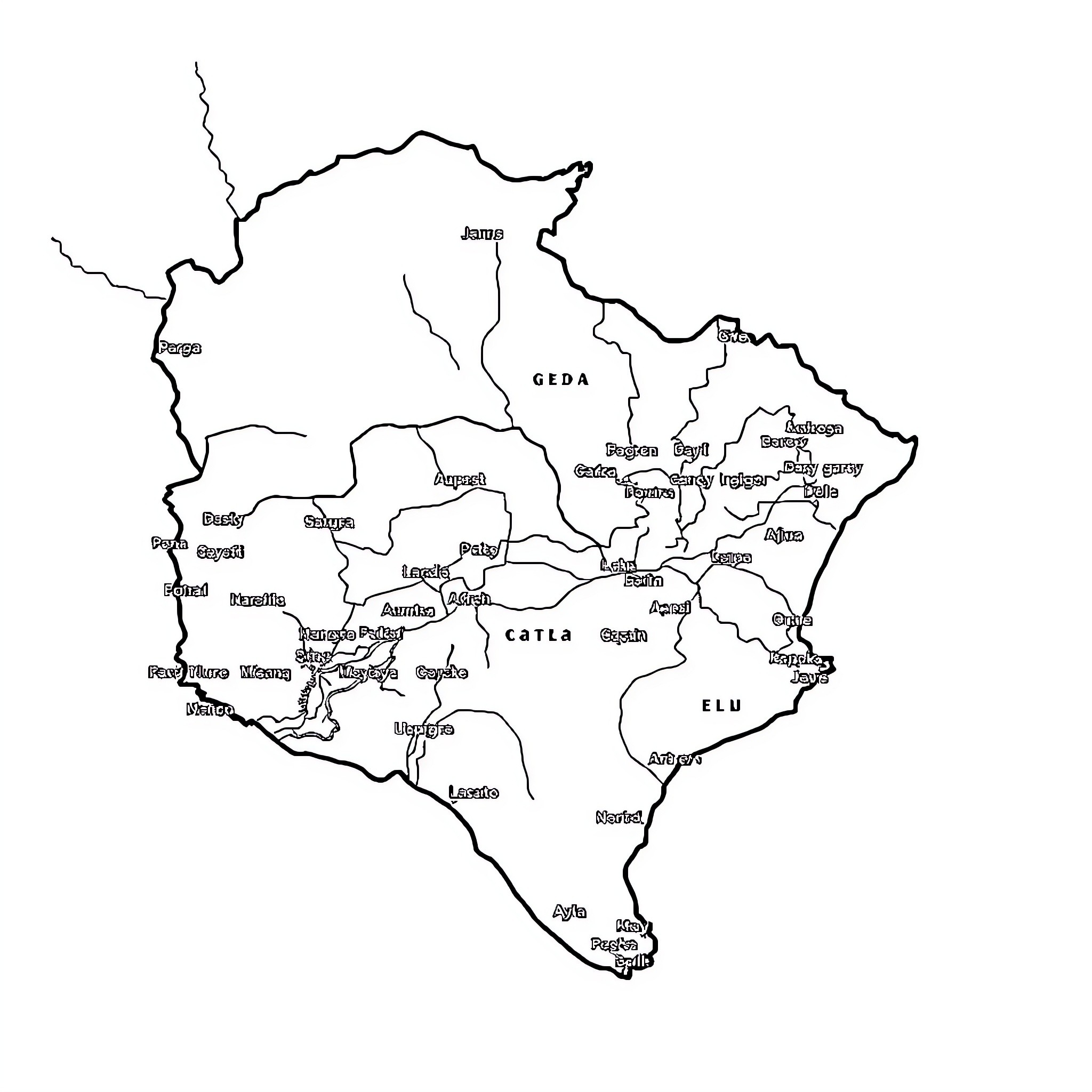 Paraguay Map with Geographic Features and City Names Coloring Page (free black-and-white line drawing printable PDF for all, from beginners to advanced learners, including children, teens, adults, and seniors)