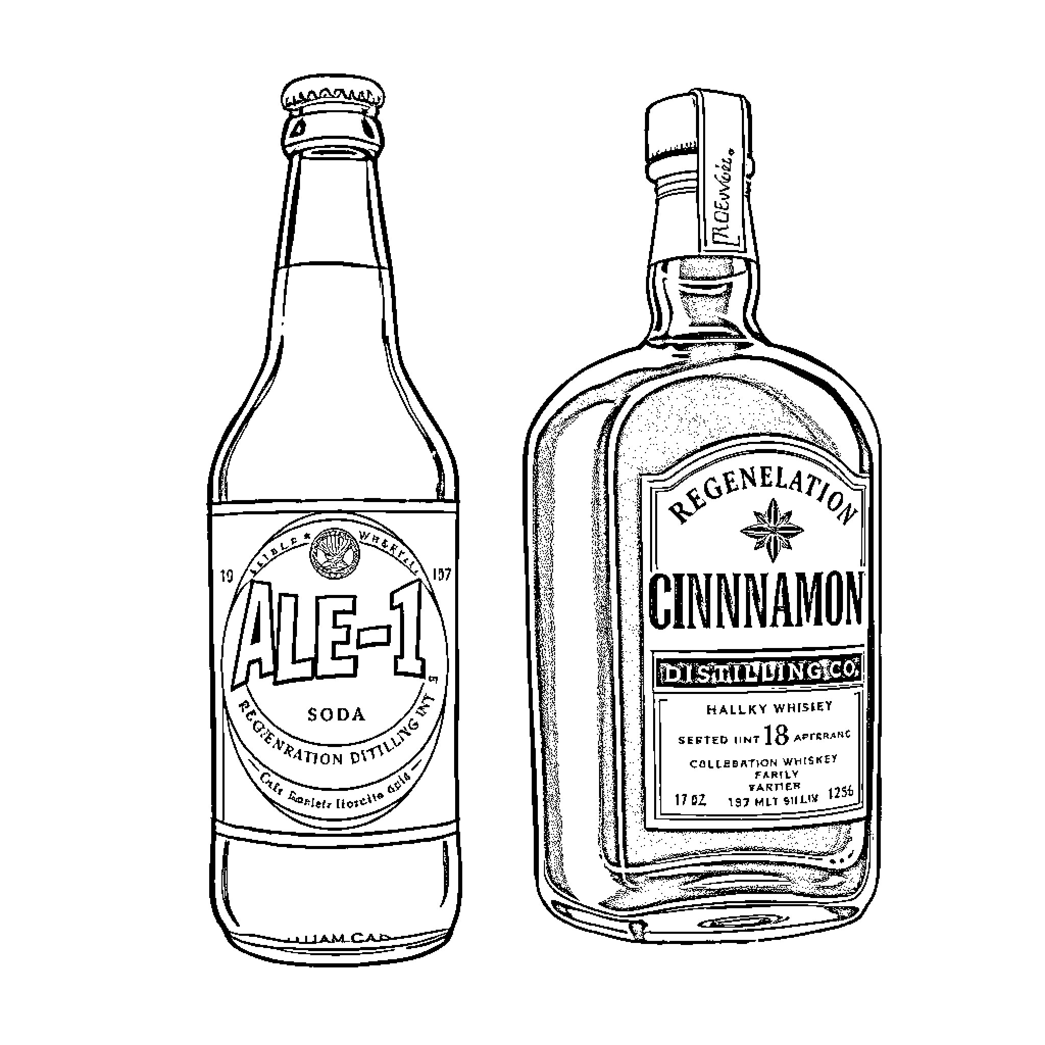 Bottle of soda and cinnamon-flavored whiskey Coloring Page (free black-and-white line drawing printable PDF for all, from beginners to advanced learners, including children, teens, adults, and seniors)