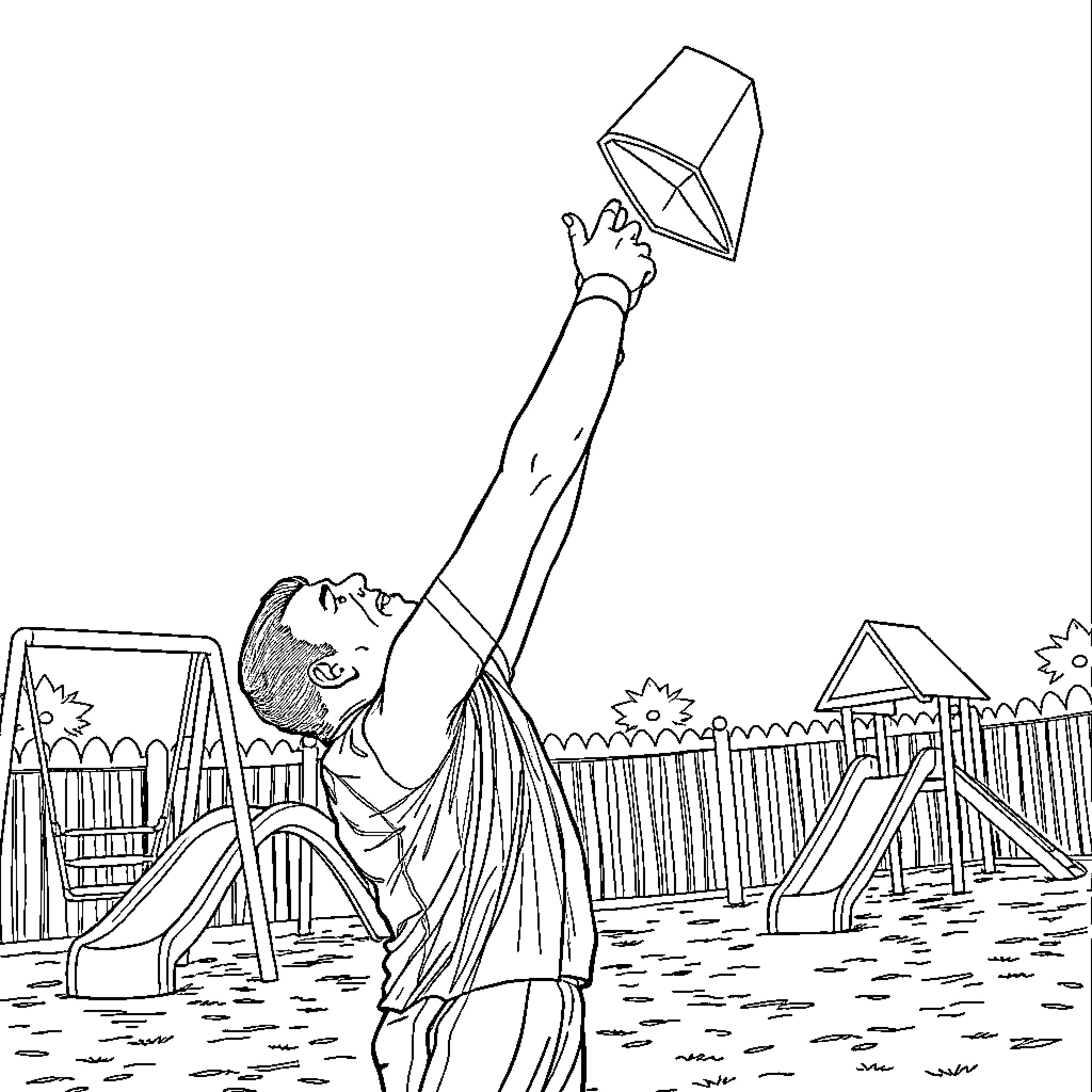 John Cena playing joyfully with paper airplane on playground Coloring Page (free black-and-white line drawing printable PDF for all, from beginners to advanced learners, including children, teens, adults, and seniors)