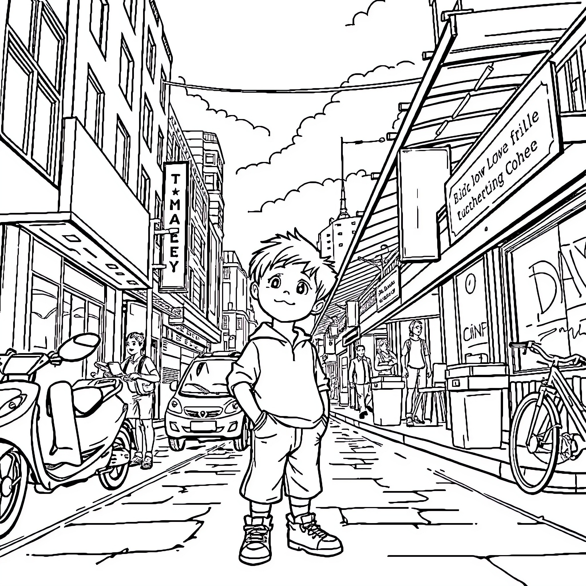 Boy explores vibrant city street with shops and buildings Coloring Page (free black-and-white line drawing printable PDF for all, from beginners to advanced learners, including children, teens, adults, and seniors)