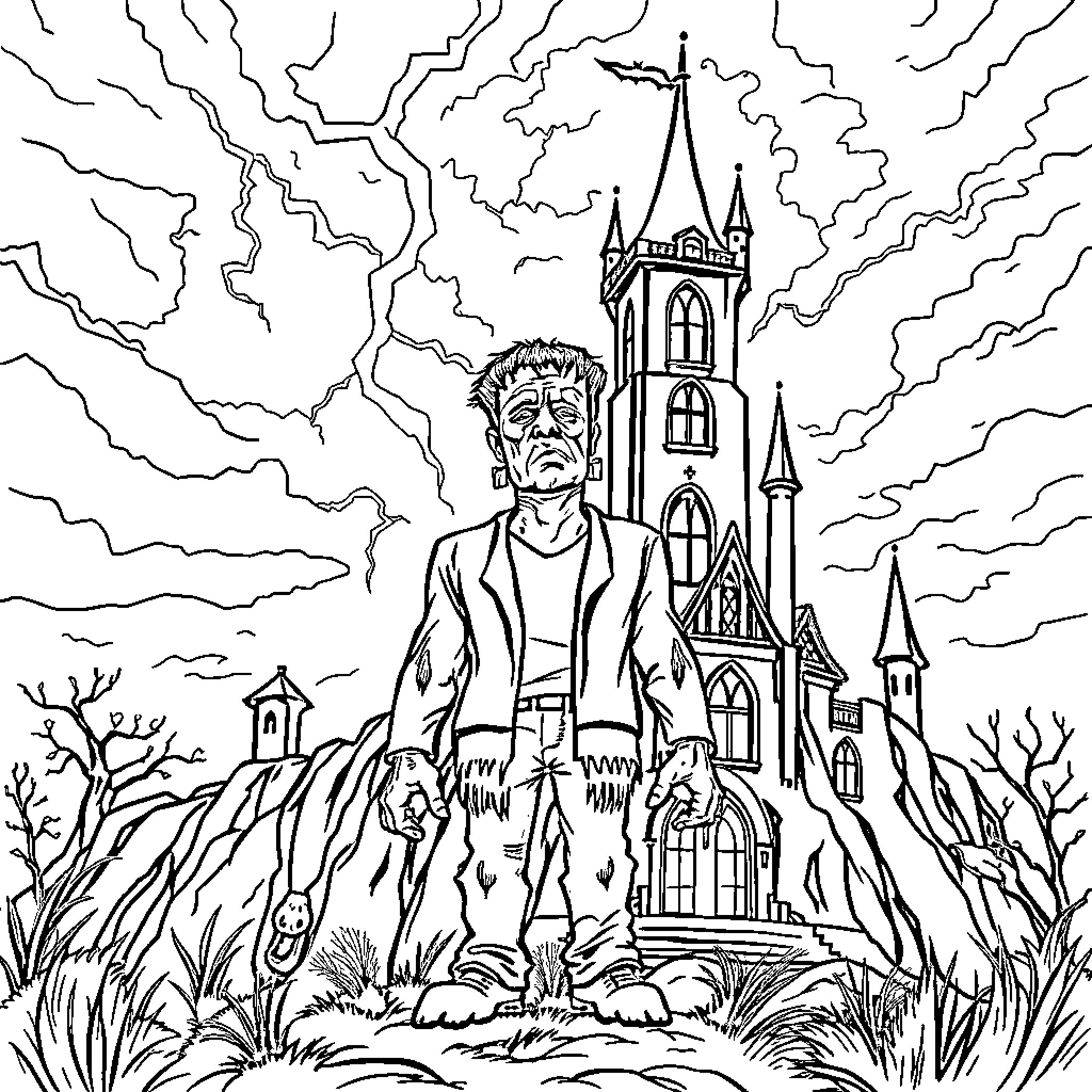 Frankenstein's Monster Approaches the Haunted Castle Coloring Page (free black-and-white line drawing printable PDF for all, from beginners to advanced learners, including children, teens, adults, and seniors)