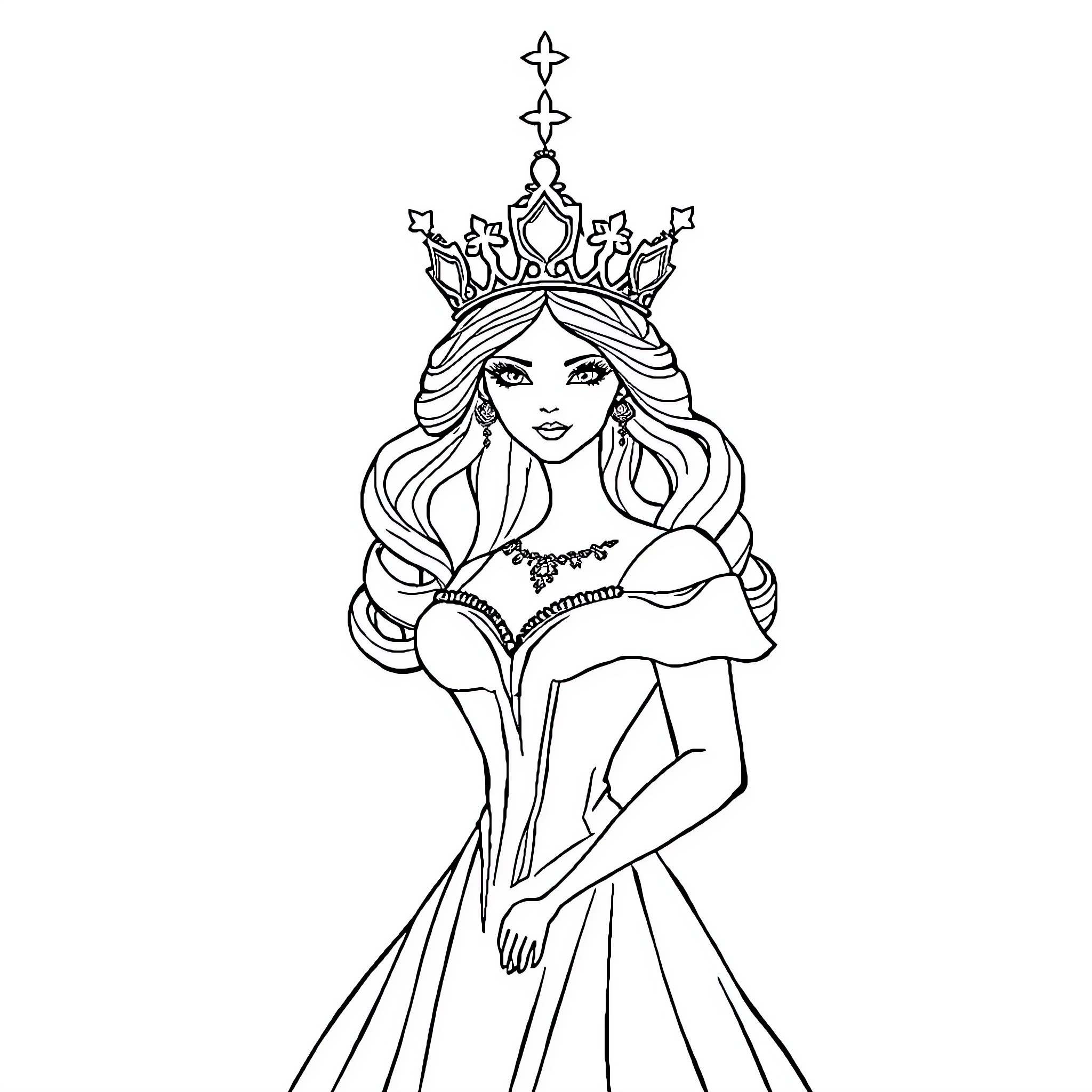 Queen in Elegant Dress and Crown Coloring Page (free black-and-white line drawing printable PDF for all, from beginners to advanced learners, including children, teens, adults, and seniors)