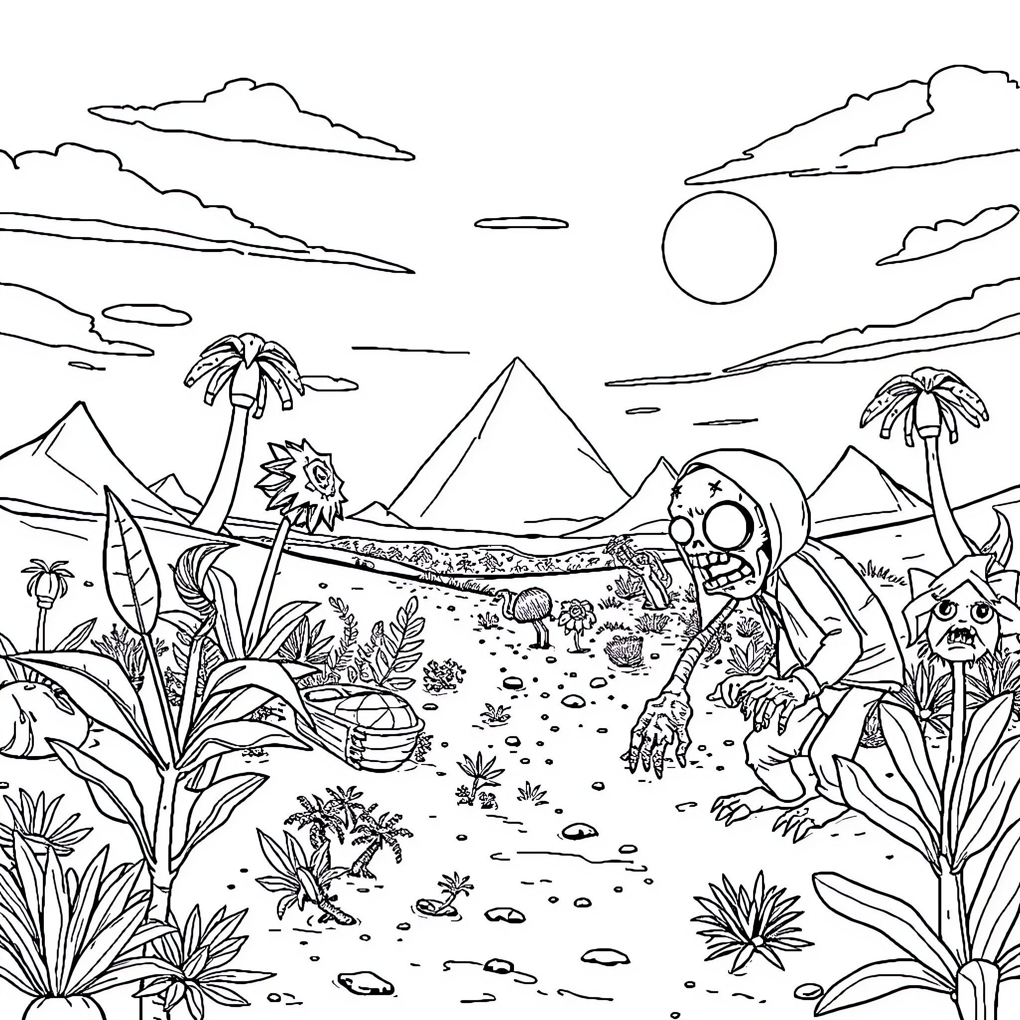 Plants exploring a tropical landscape Coloring Page (free black-and-white line drawing printable PDF for all, from beginners to advanced learners, including children, teens, adults, and seniors)