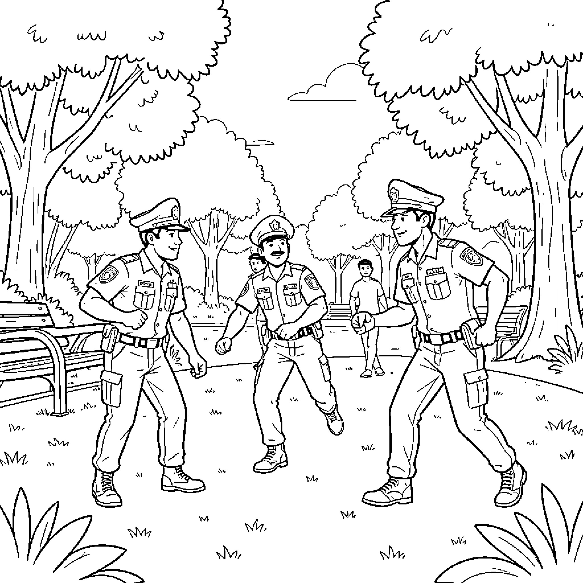 Police Officers Patrolling the Park Coloring Page (free black-and-white line drawing printable PDF for all, from beginners to advanced learners, including children, teens, adults, and seniors)