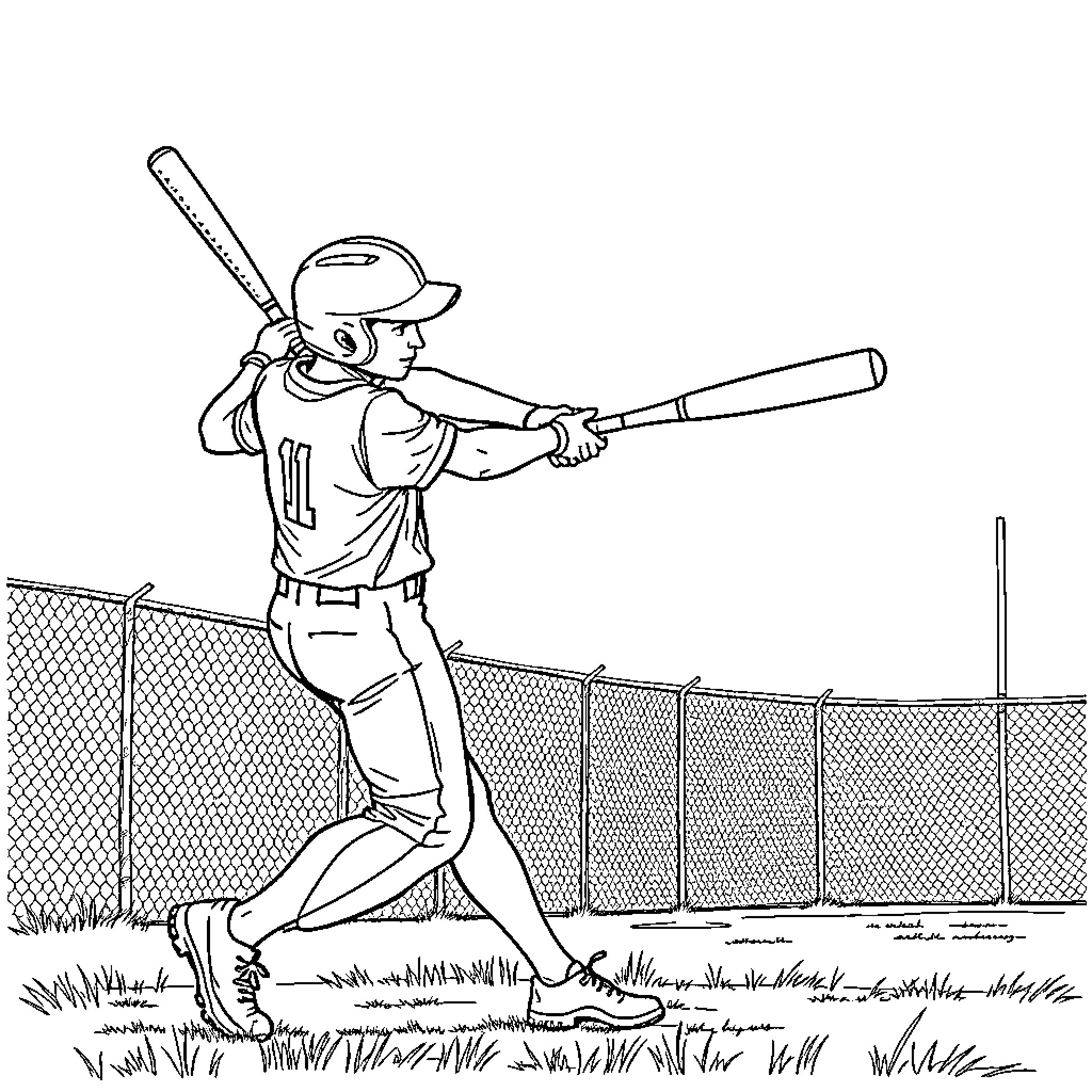 Softball Player Hitting Ball on Field Coloring Page (free black-and-white line drawing printable PDF for all, from beginners to advanced learners, including children, teens, adults, and seniors)