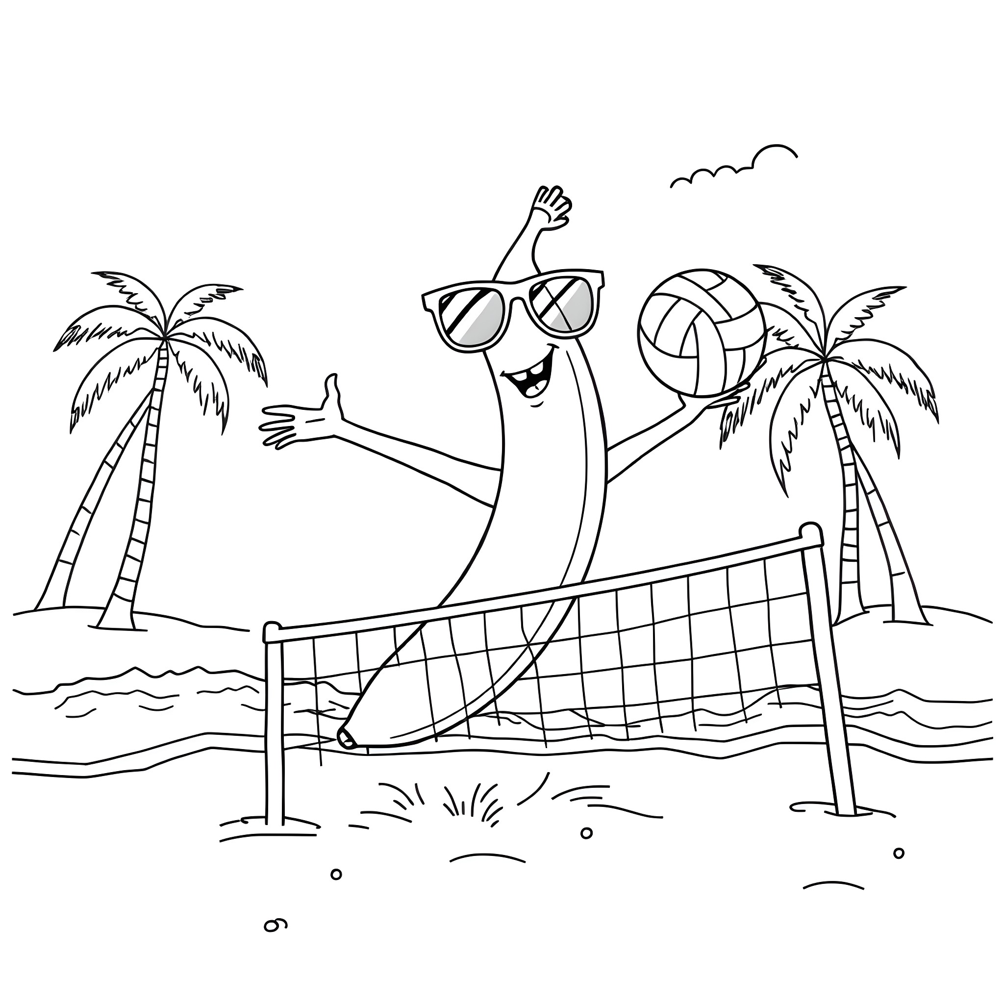 Banana playing beach volleyball with friends Coloring Page (free black-and-white line drawing printable PDF for all, from beginners to advanced learners, including children, teens, adults, and seniors)