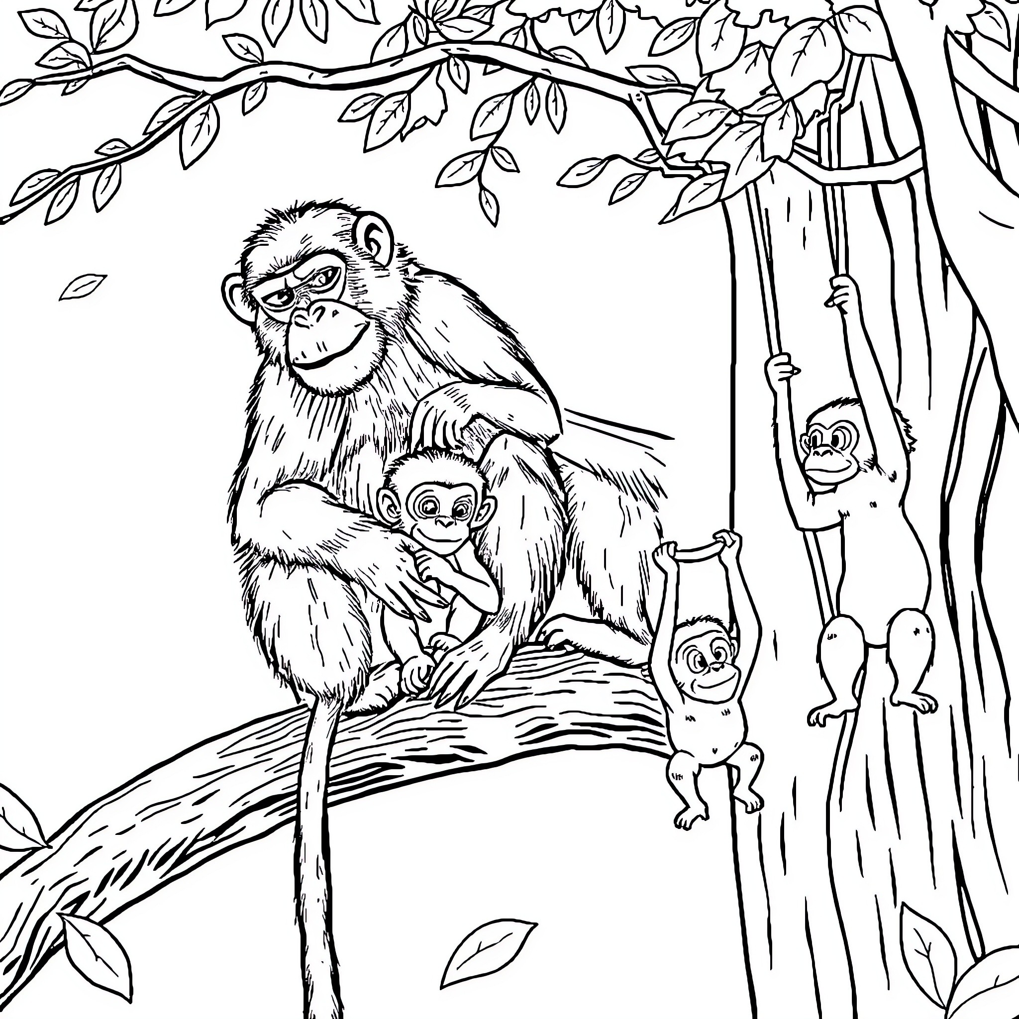 Monkey and baby monkeys in the forest Coloring Page (free black-and-white line drawing printable PDF for all, from beginners to advanced learners, including children, teens, adults, and seniors)