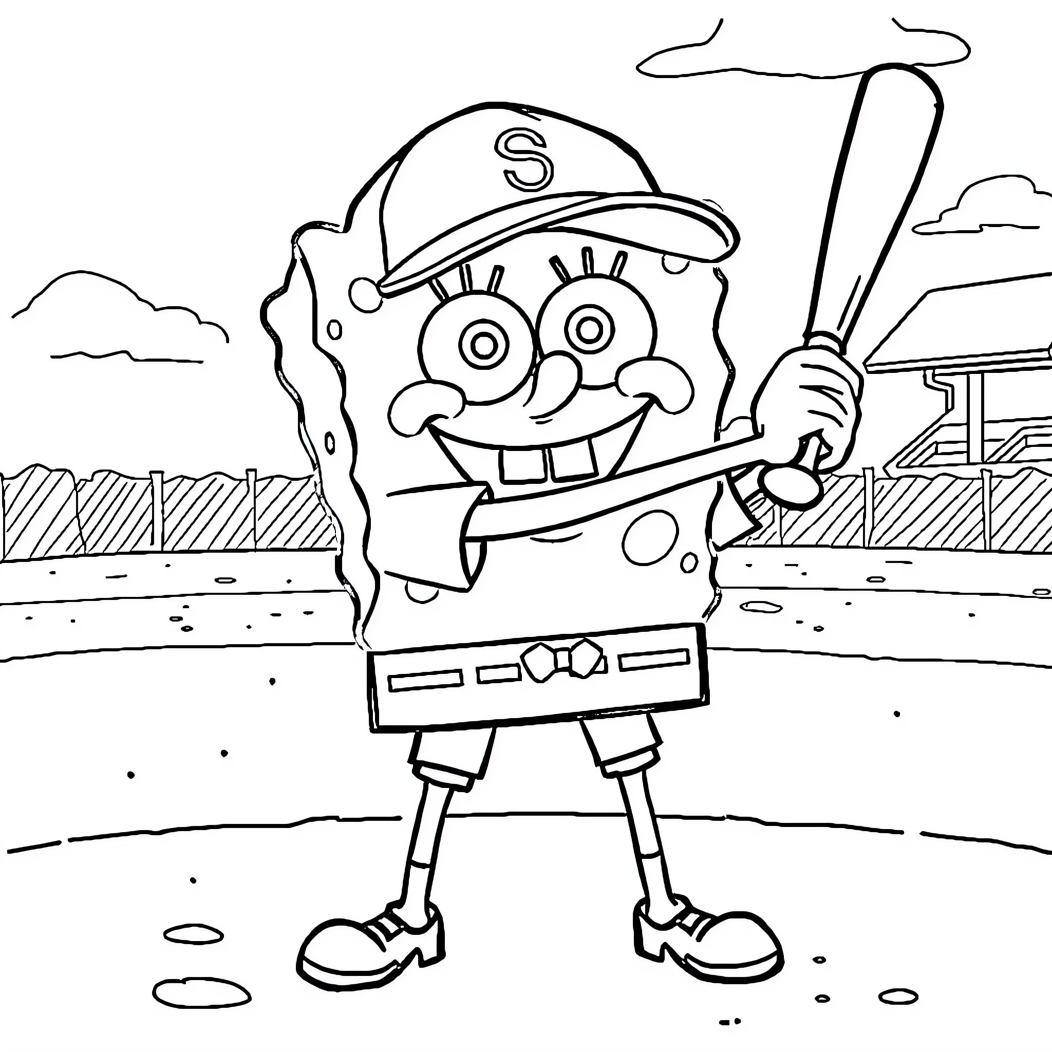 Spongebob playing baseball with a happy expression Coloring Page (free black-and-white line drawing printable PDF for all, from beginners to advanced learners, including children, teens, adults, and seniors)