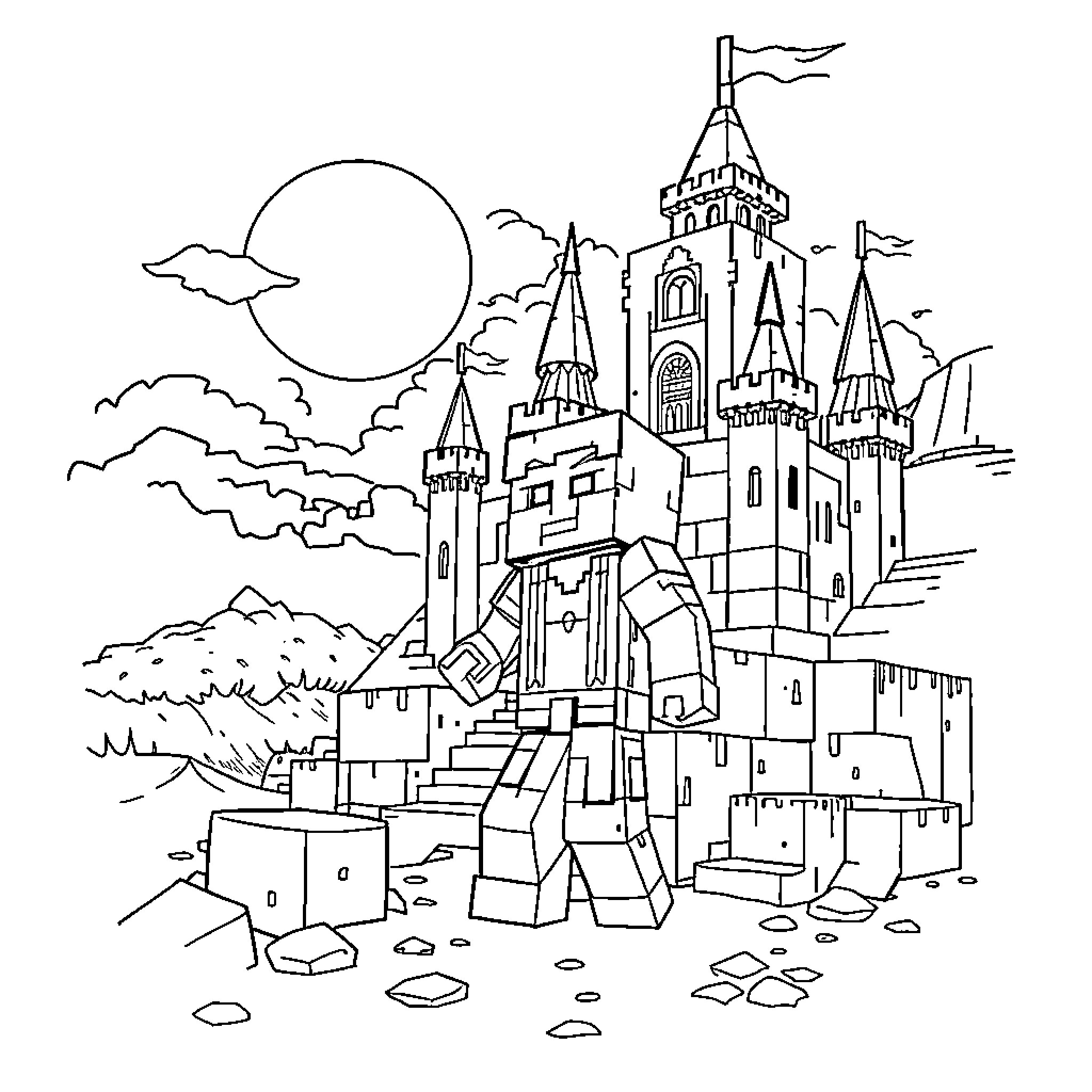 Minecraft Protagonist Exploring Fantastical Castle Landscape Coloring Page (free black-and-white line drawing printable PDF for all, from beginners to advanced learners, including children, teens, adults, and seniors)