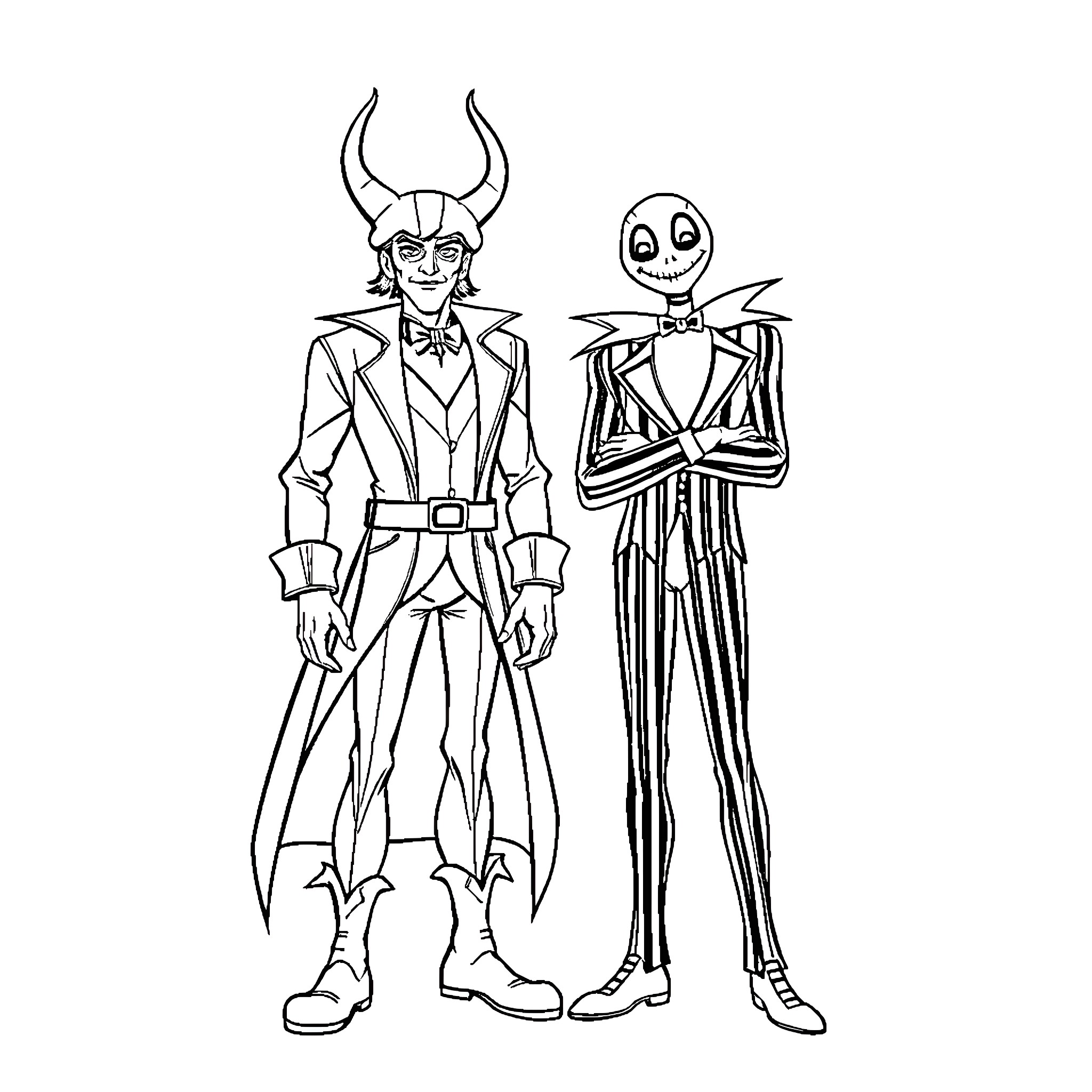 Loki and Jack Skellington in Formal Attire Coloring Page (free black-and-white line drawing printable PDF for all, from beginners to advanced learners, including children, teens, adults, and seniors)