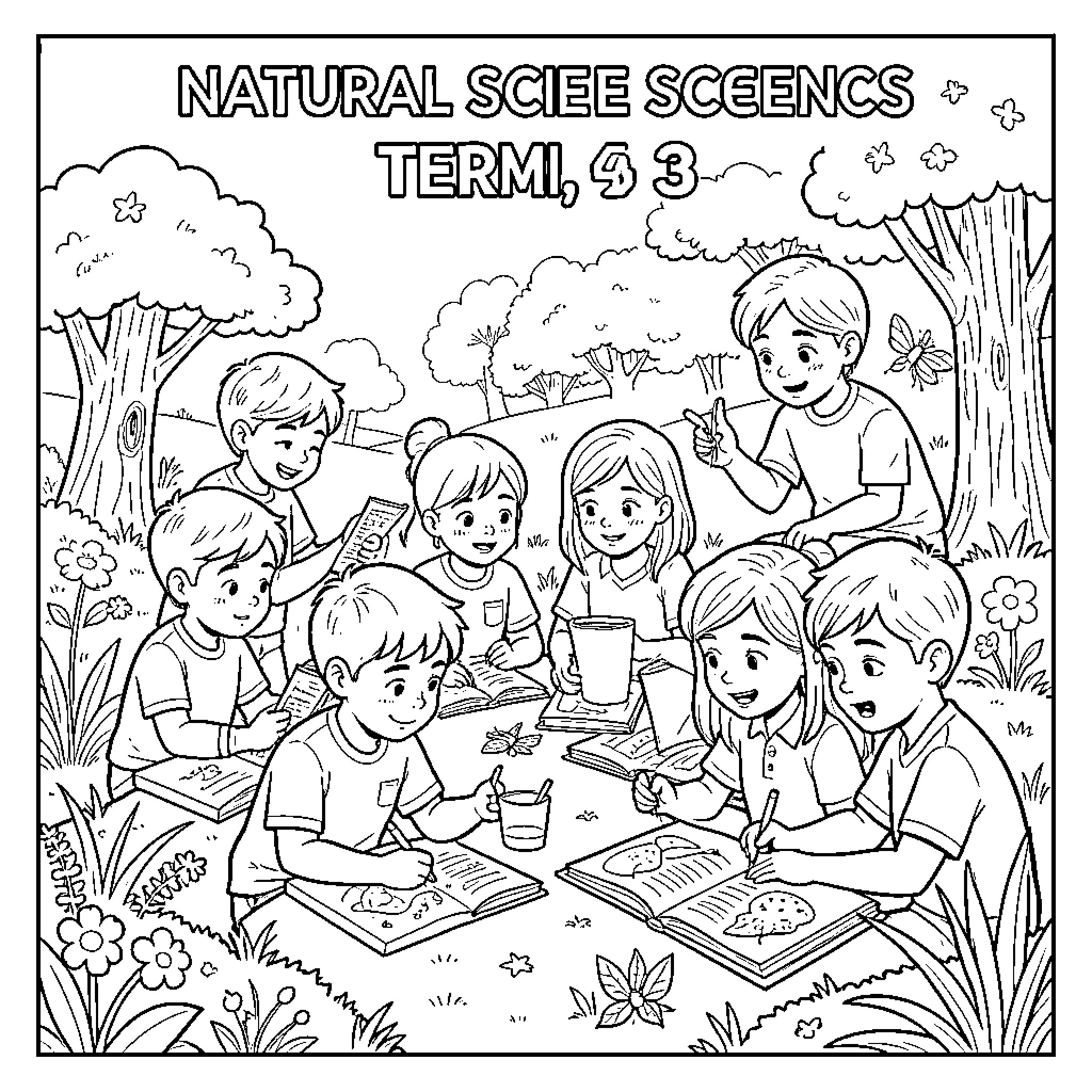 Natural Sciences students studying together in a forest Coloring Page (free black-and-white line drawing printable PDF for all, from beginners to advanced learners, including children, teens, adults, and seniors)