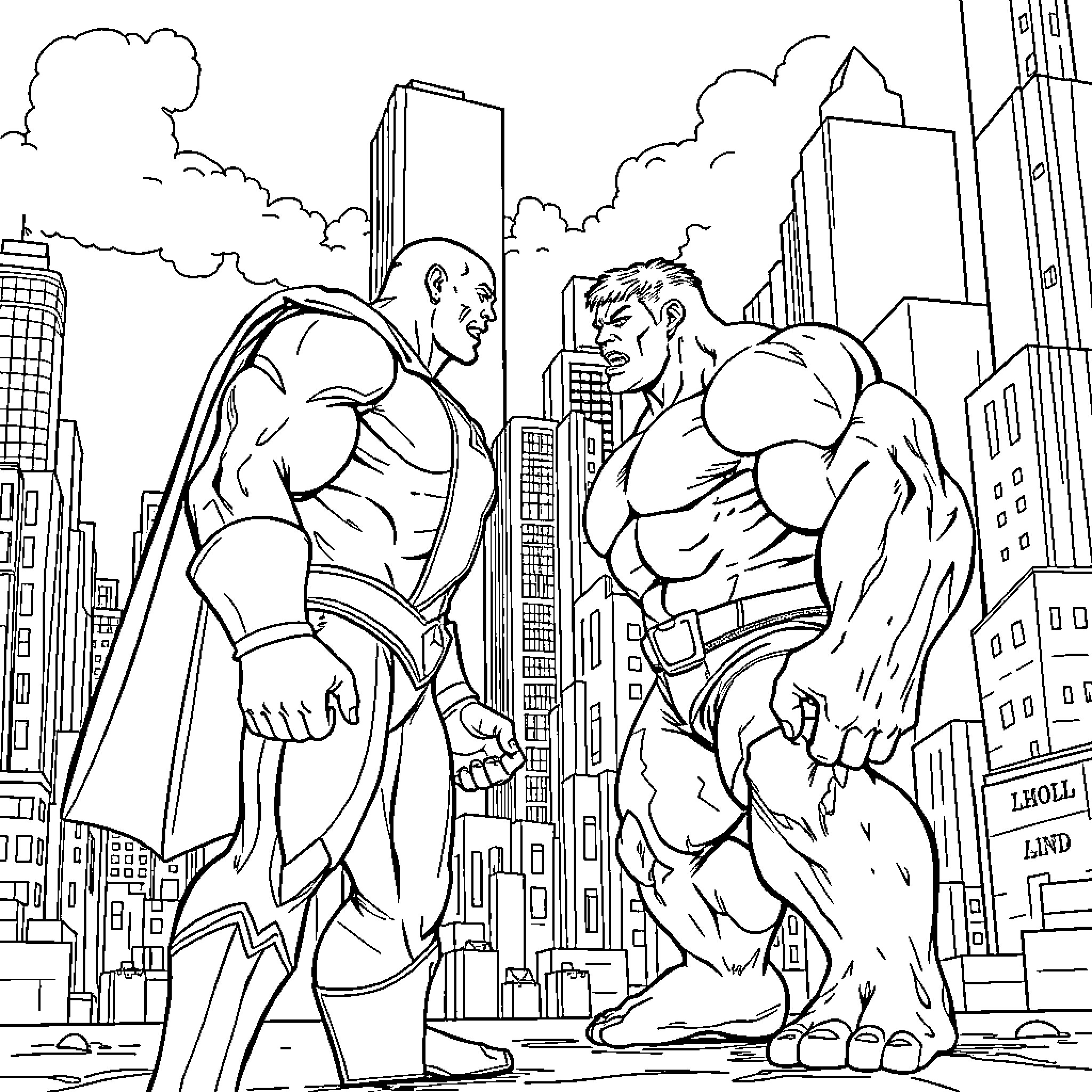 Shazam vs Superhero Showdown in the City Coloring Page (free black-and-white line drawing printable PDF for all, from beginners to advanced learners, including children, teens, adults, and seniors)
