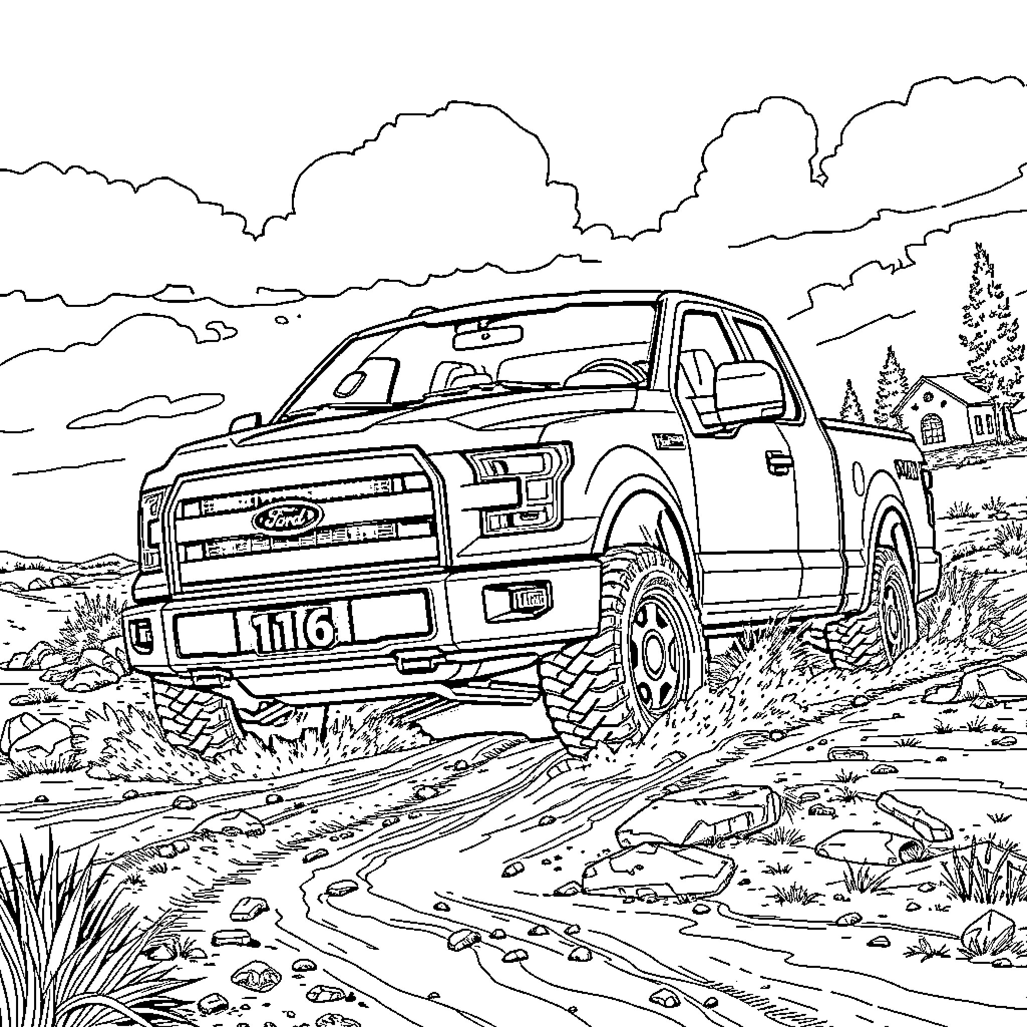 Ford F-150 off-roading in the wilderness Coloring Page (free black-and-white line drawing printable PDF for all, from beginners to advanced learners, including children, teens, adults, and seniors)