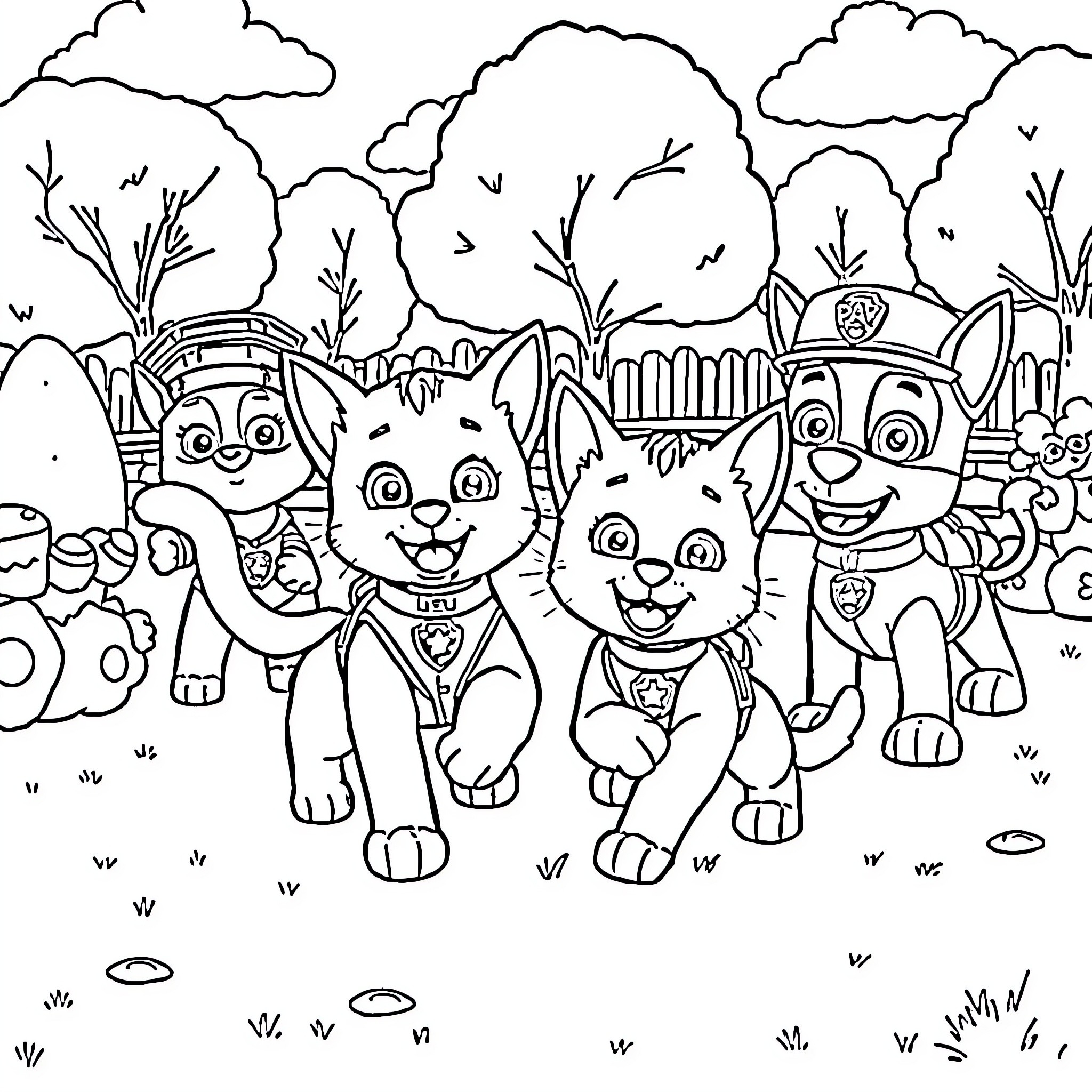 Kitty Pals Exploring the Outdoors Coloring Page (free black-and-white line drawing printable PDF for all, from beginners to advanced learners, including children, teens, adults, and seniors)