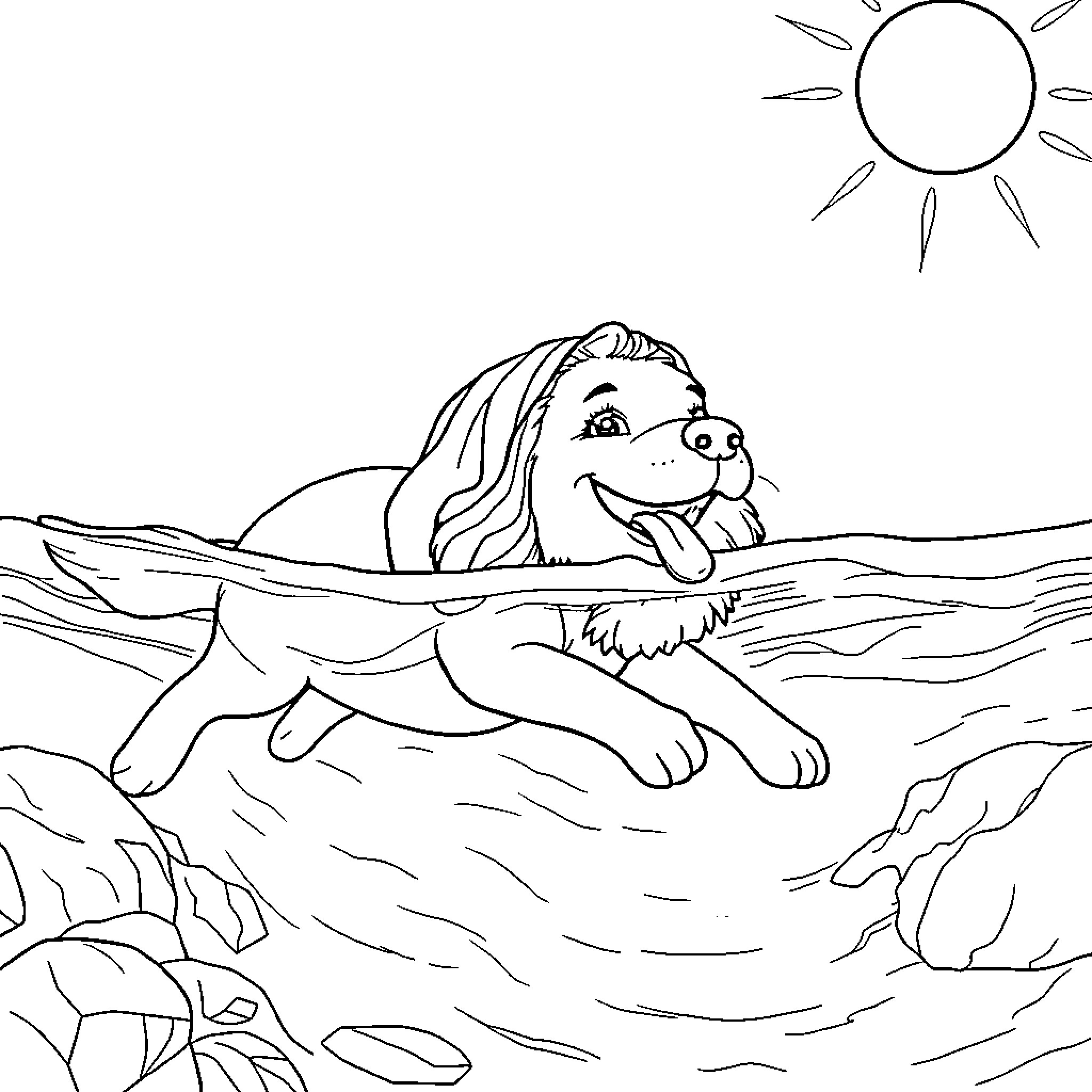 Rumi swimming joyfully in the ocean Coloring Page (free black-and-white line drawing printable PDF for all, from beginners to advanced learners, including children, teens, adults, and seniors)