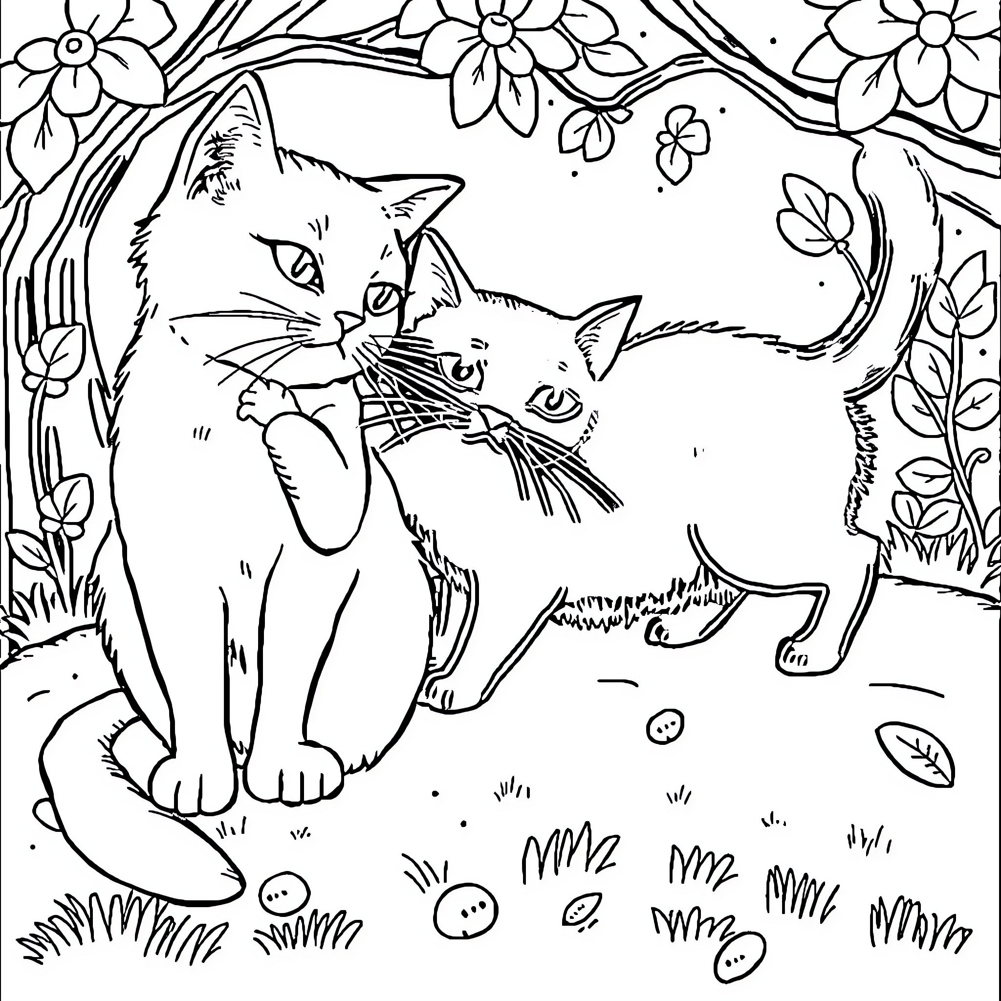 Mouse-sized kittens playing in a floral field Coloring Page (free black-and-white line drawing printable PDF for all, from beginners to advanced learners, including children, teens, adults, and seniors)