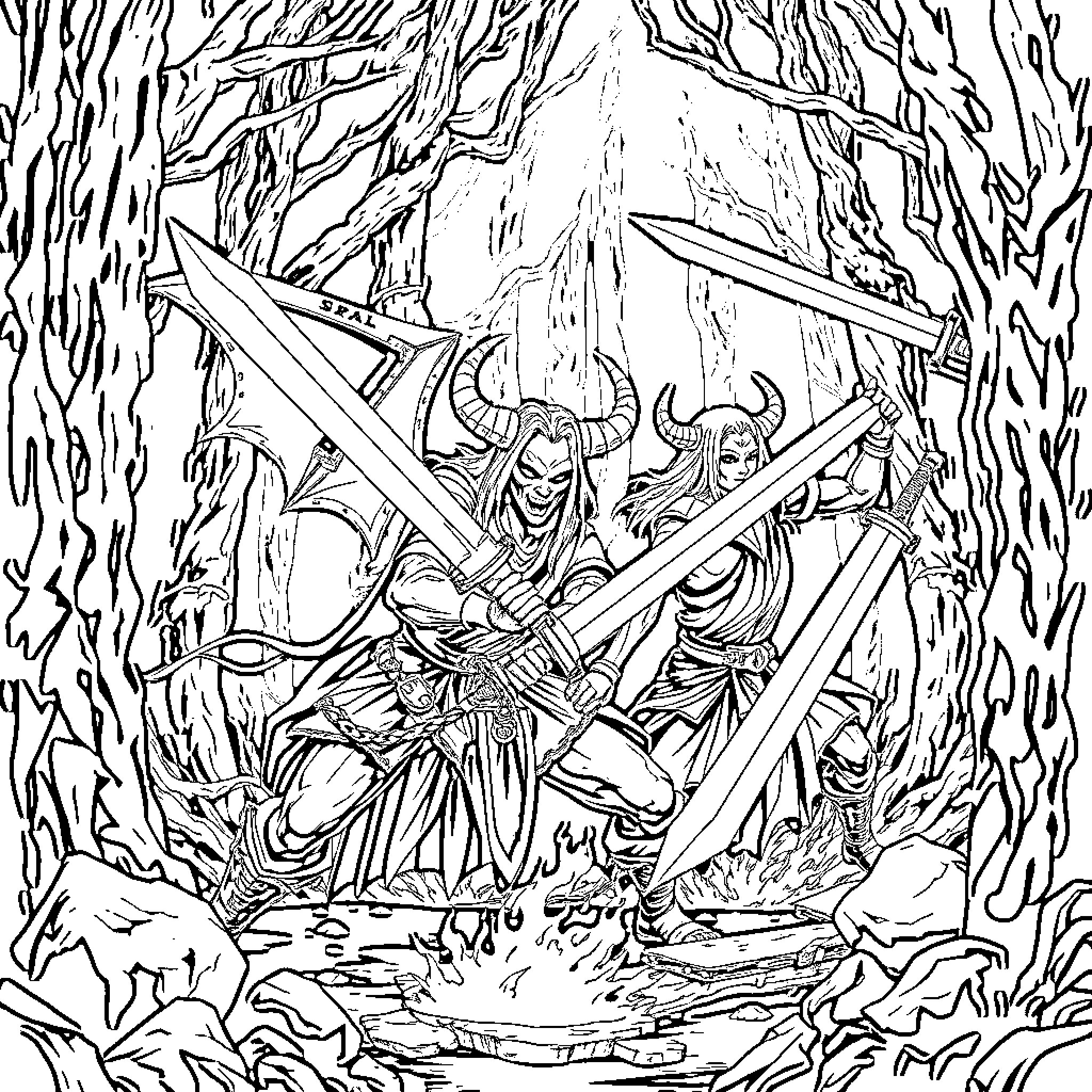 Demon Warriors Engaged in Fierce Battle Coloring Page (free black-and-white line drawing printable PDF for all, from beginners to advanced learners, including children, teens, adults, and seniors)