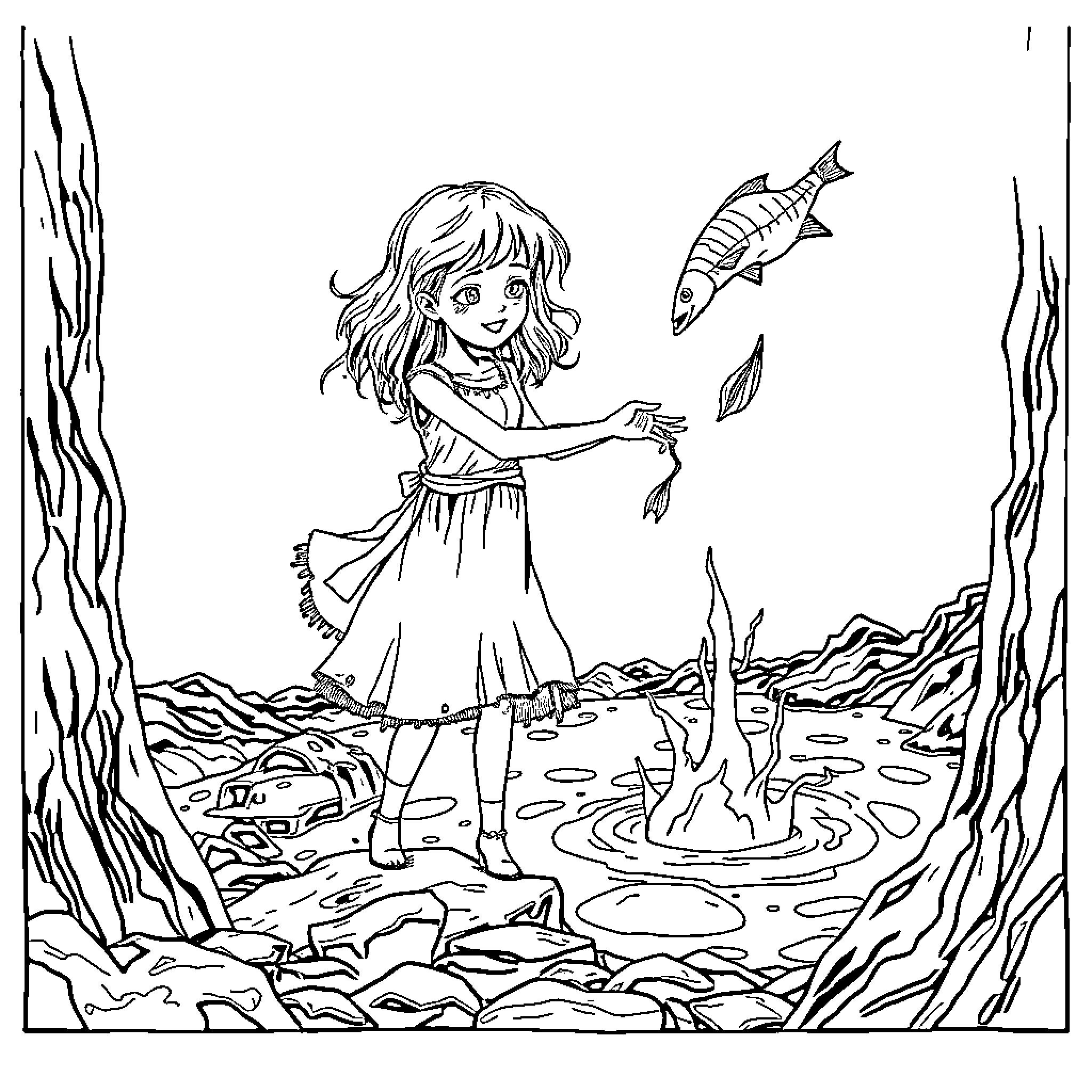 Girl exploring the wonders of the underwater world Coloring Page (free black-and-white line drawing printable PDF for all, from beginners to advanced learners, including children, teens, adults, and seniors)