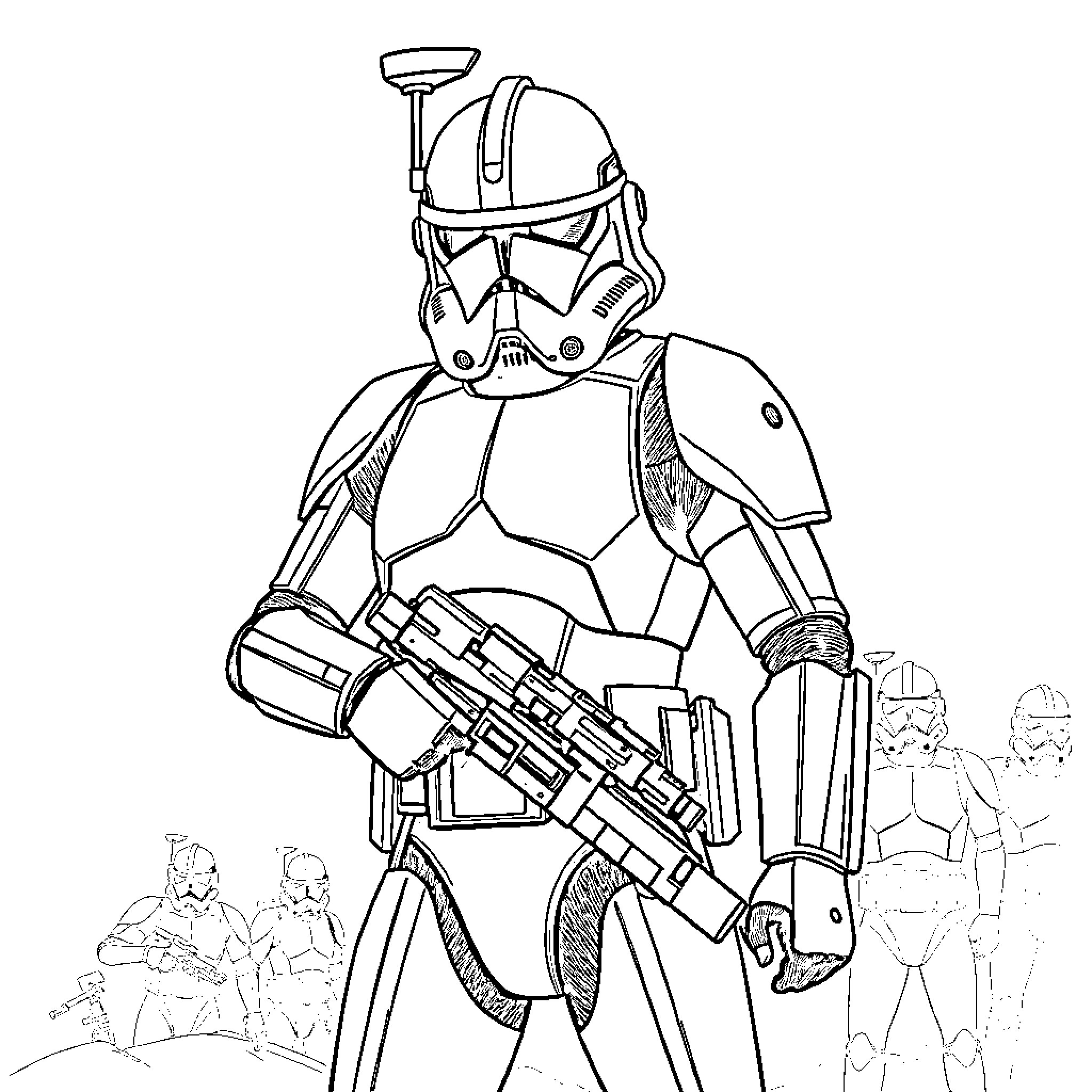 Clone Trooper on Duty with Blaster Rifle Coloring Page (free black-and-white line drawing printable PDF for all, from beginners to advanced learners, including children, teens, adults, and seniors)