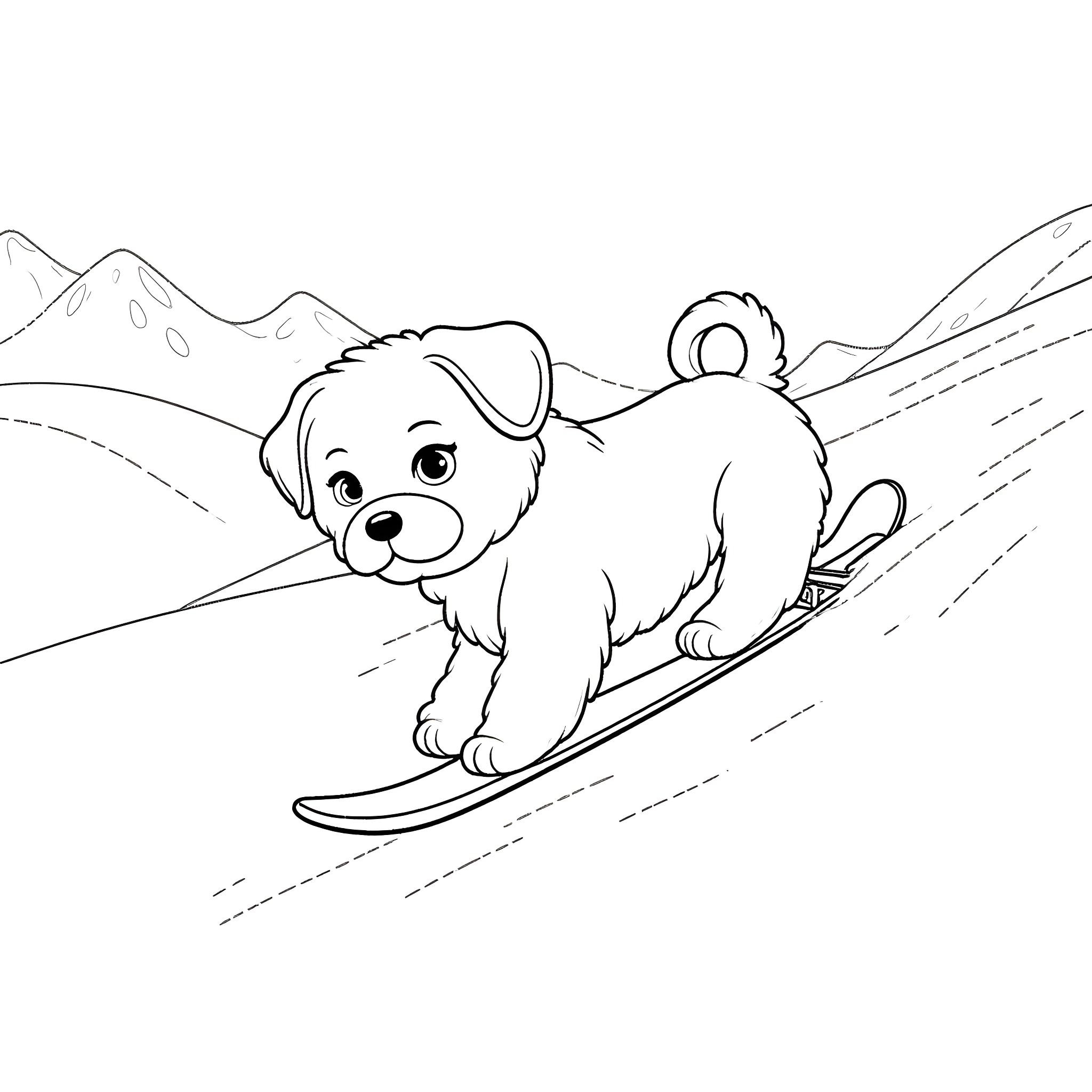 Puggle skiing down the snowy slopes Coloring Page (free black-and-white line drawing printable PDF for all, from beginners to advanced learners, including children, teens, adults, and seniors)
