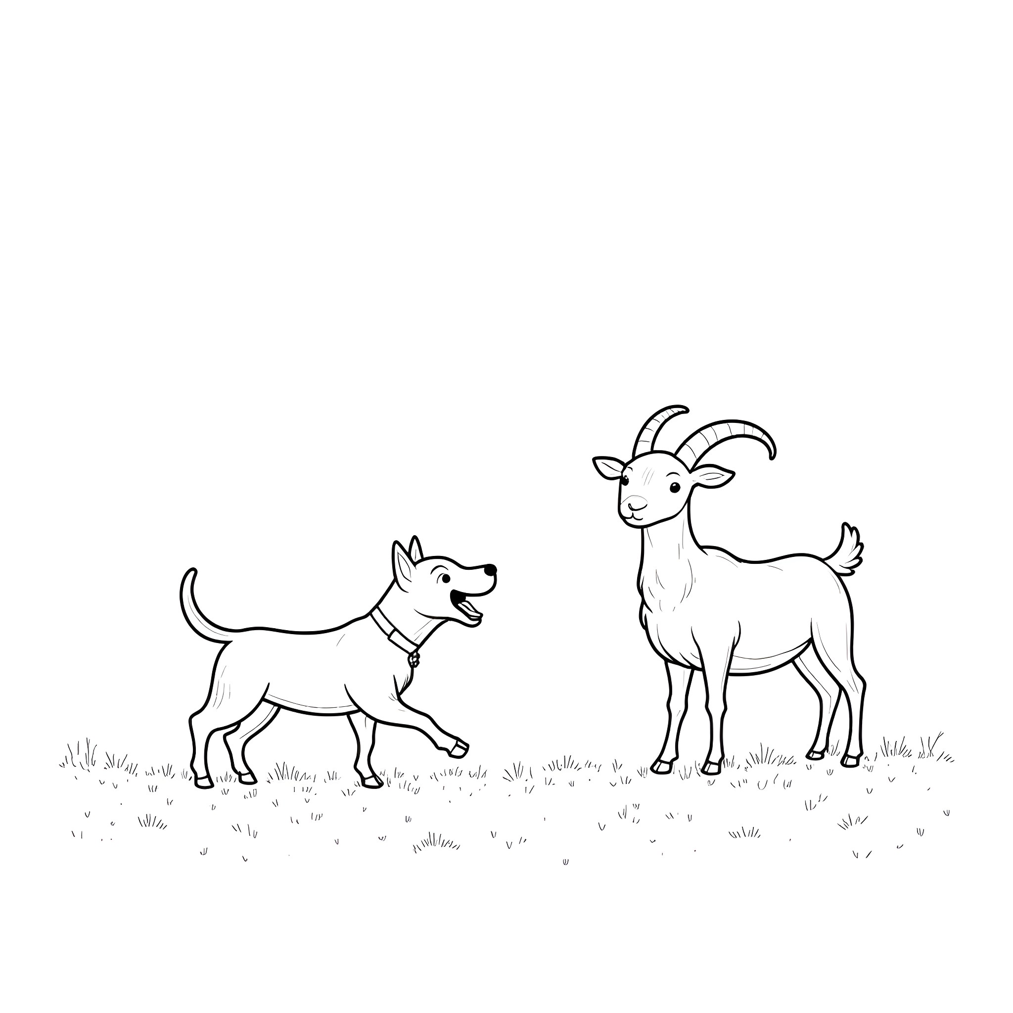 Dog and goat playing in the field Coloring Page (free black-and-white line drawing printable PDF for all, from beginners to advanced learners, including children, teens, adults, and seniors)