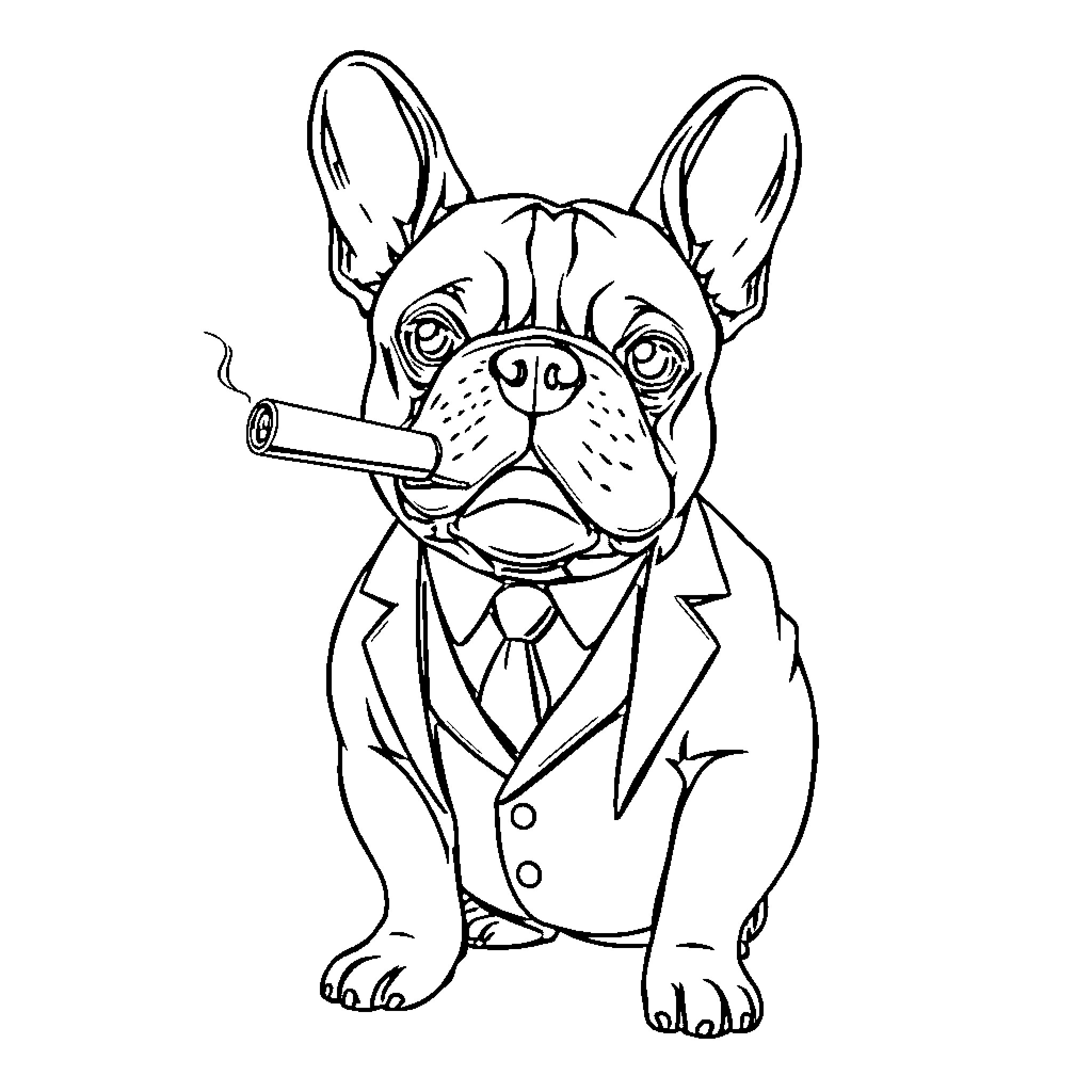 French Bulldog wearing a suit and smoking a cigar Coloring Page (free black-and-white line drawing printable PDF for all, from beginners to advanced learners, including children, teens, adults, and seniors)