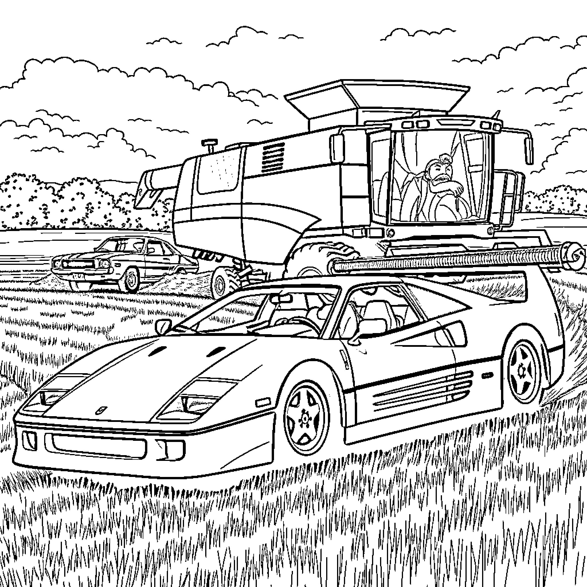 Ferrari sports car and harvesting machine in countryside Coloring Page (free black-and-white line drawing printable PDF for all, from beginners to advanced learners, including children, teens, adults, and seniors)