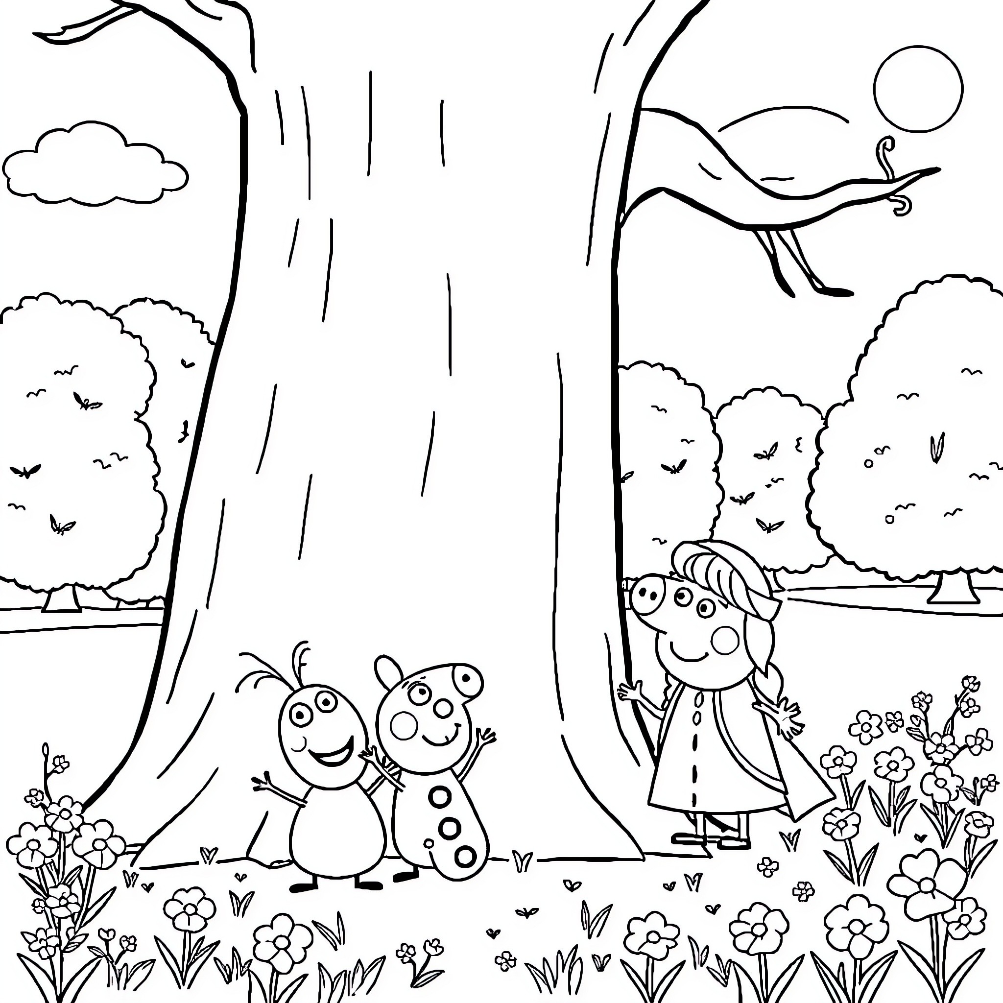 Peppa Pig and friends explore the enchanting forest Coloring Page (free black-and-white line drawing printable PDF for all, from beginners to advanced learners, including children, teens, adults, and seniors)