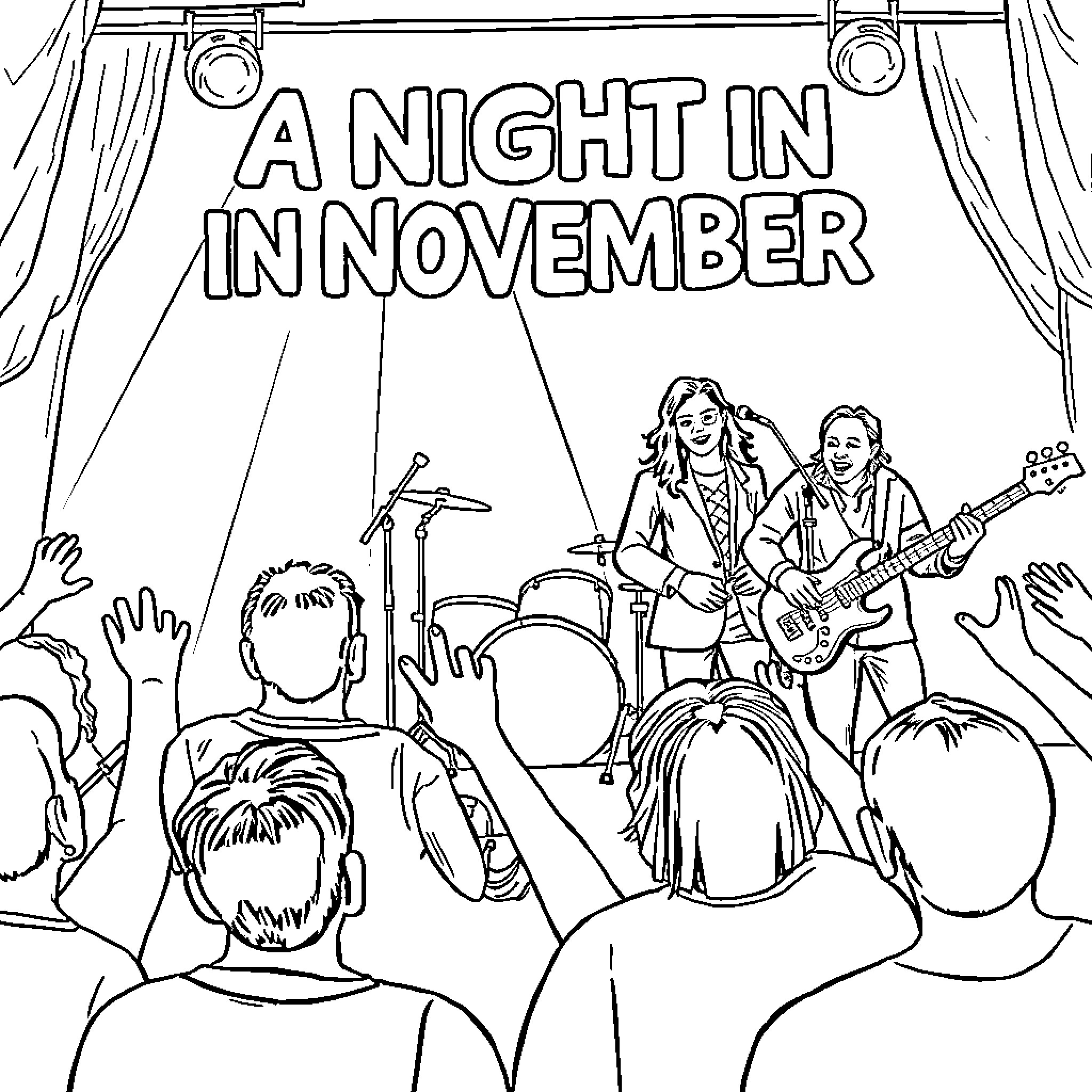 Band performing on stage with audience Coloring Page (free black-and-white line drawing printable PDF for all, from beginners to advanced learners, including children, teens, adults, and seniors)