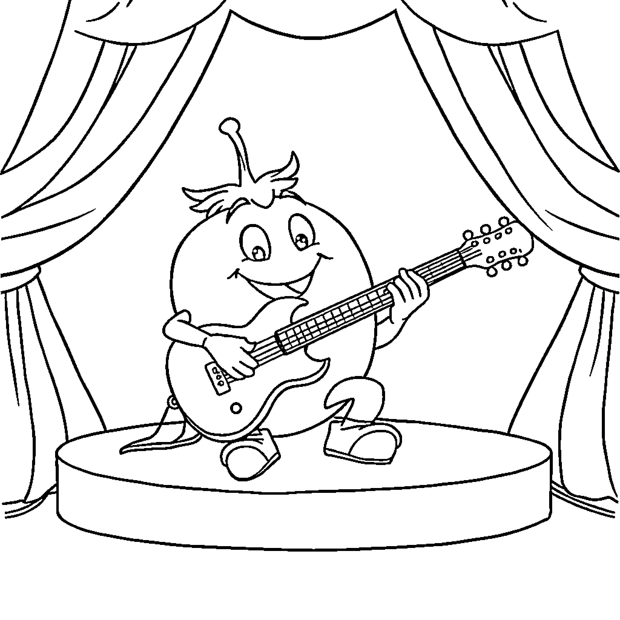 Bob the Tomato Performs on Stage with Guitar Coloring Page (free black-and-white line drawing printable PDF for all, from beginners to advanced learners, including children, teens, adults, and seniors)