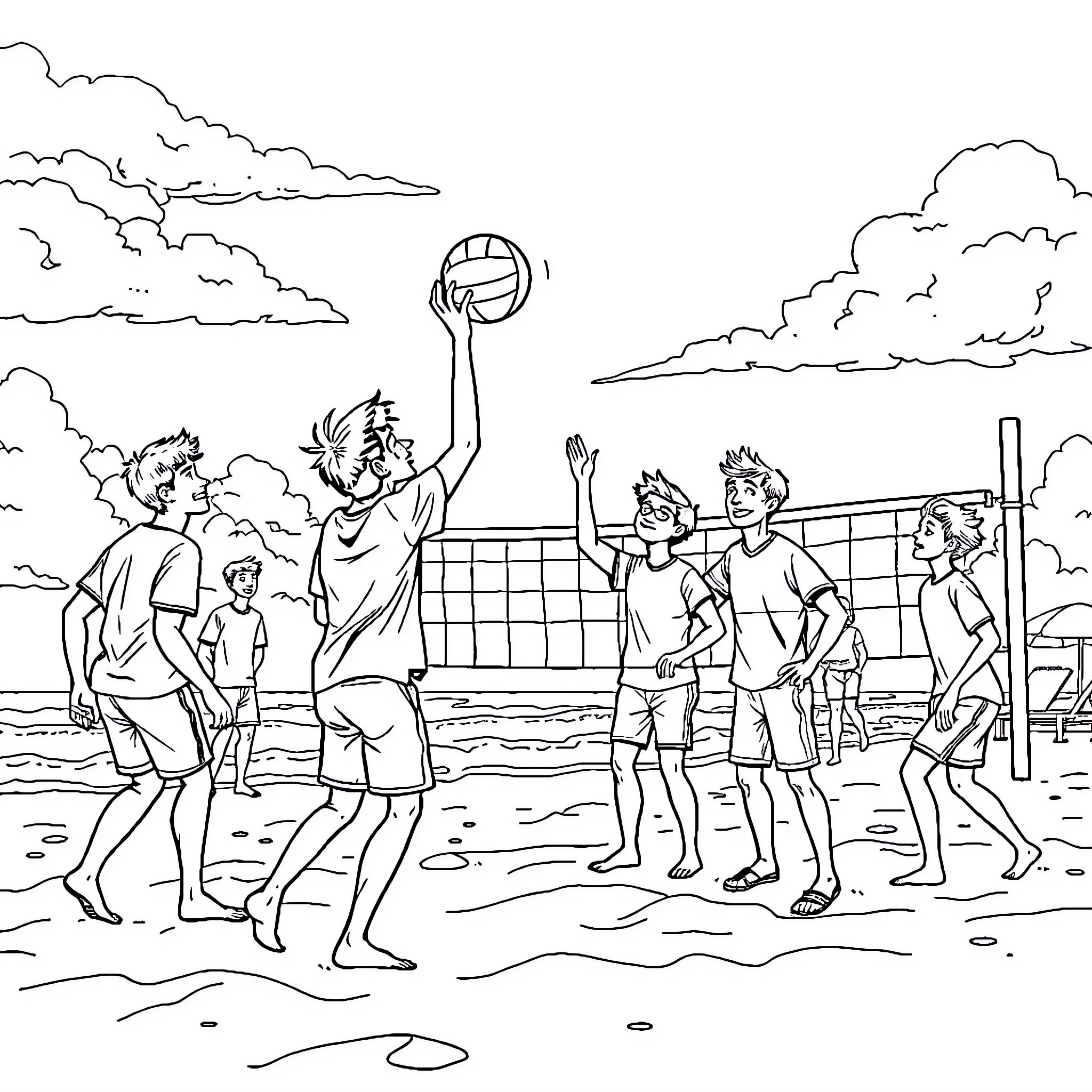 Nerds playing beach volleyball on a sunny day Coloring Page (free black-and-white line drawing printable PDF for all, from beginners to advanced learners, including children, teens, adults, and seniors)