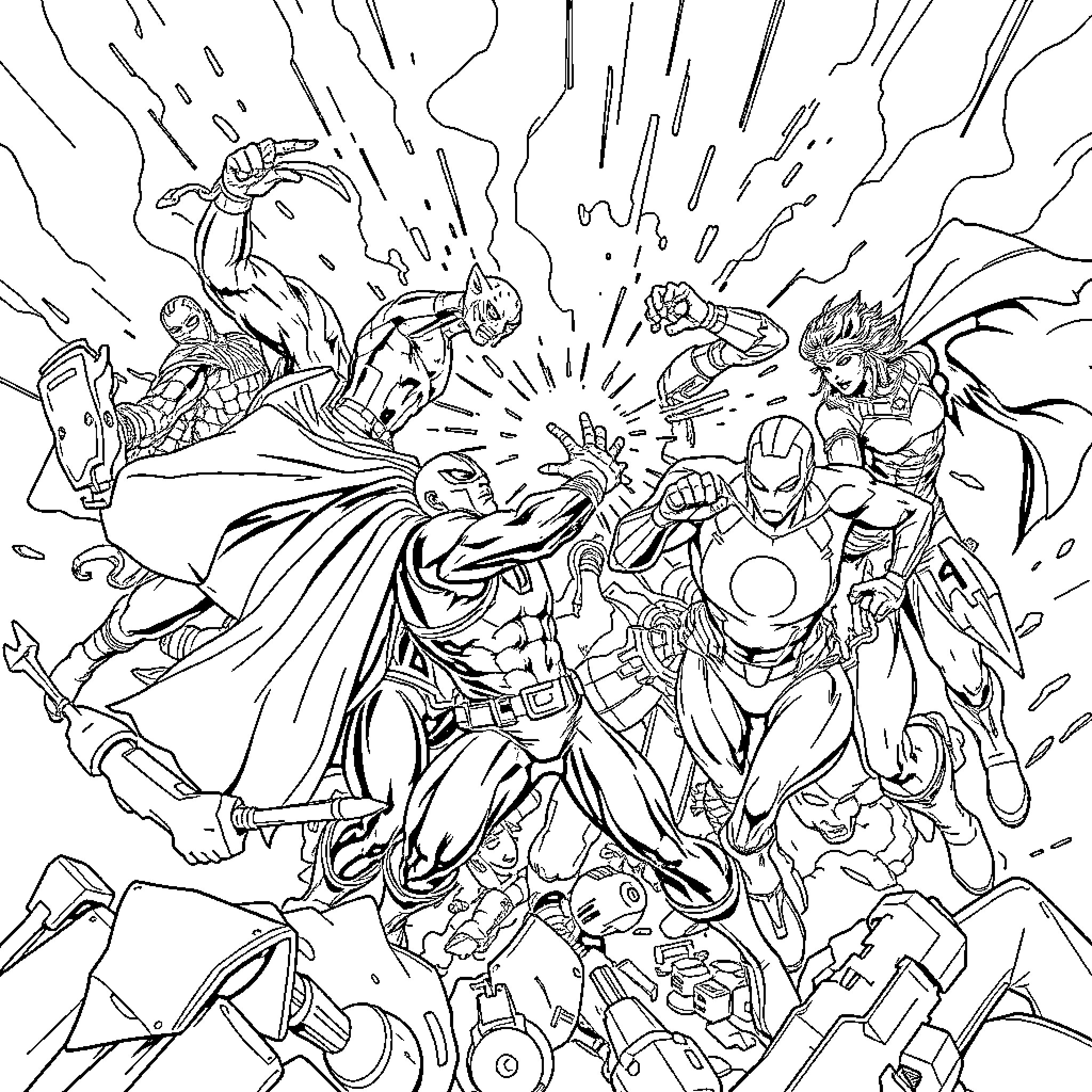 Hero superheroes fighting together in an epic battle Coloring Page (free black-and-white line drawing printable PDF for all, from beginners to advanced learners, including children, teens, adults, and seniors)