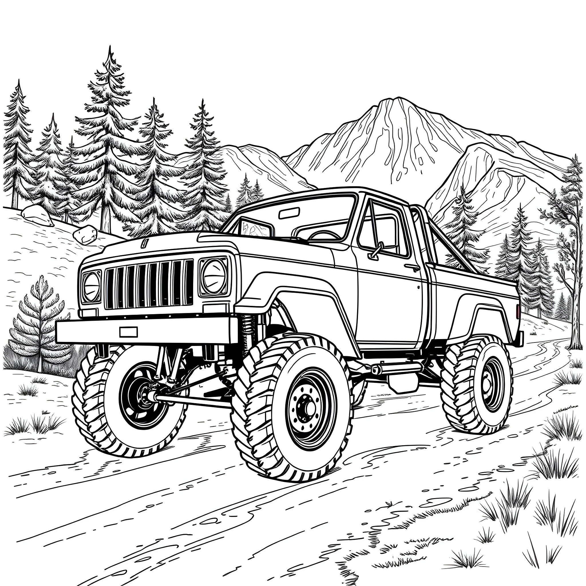 Truck climbing rugged mountain path Coloring Page (free black-and-white line drawing printable PDF for all, from beginners to advanced learners, including children, teens, adults, and seniors)